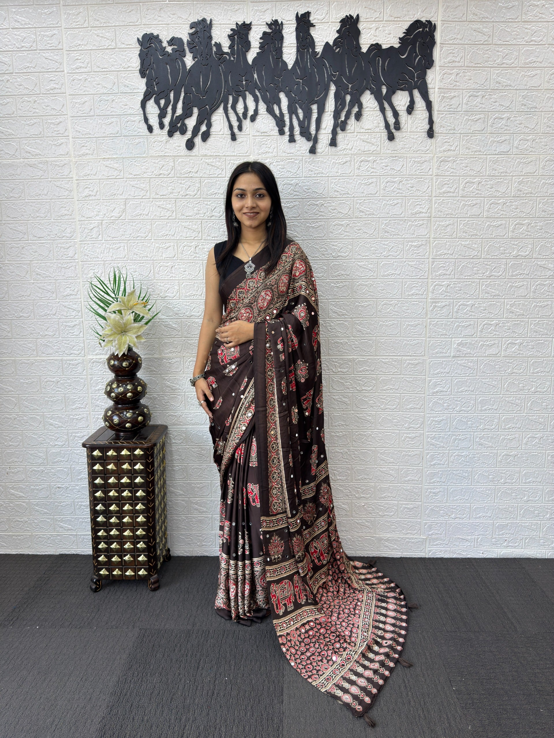 Ajrakh Printed Modal Silk Saree with Rich Traditional Pallu | Festival & Party Wear