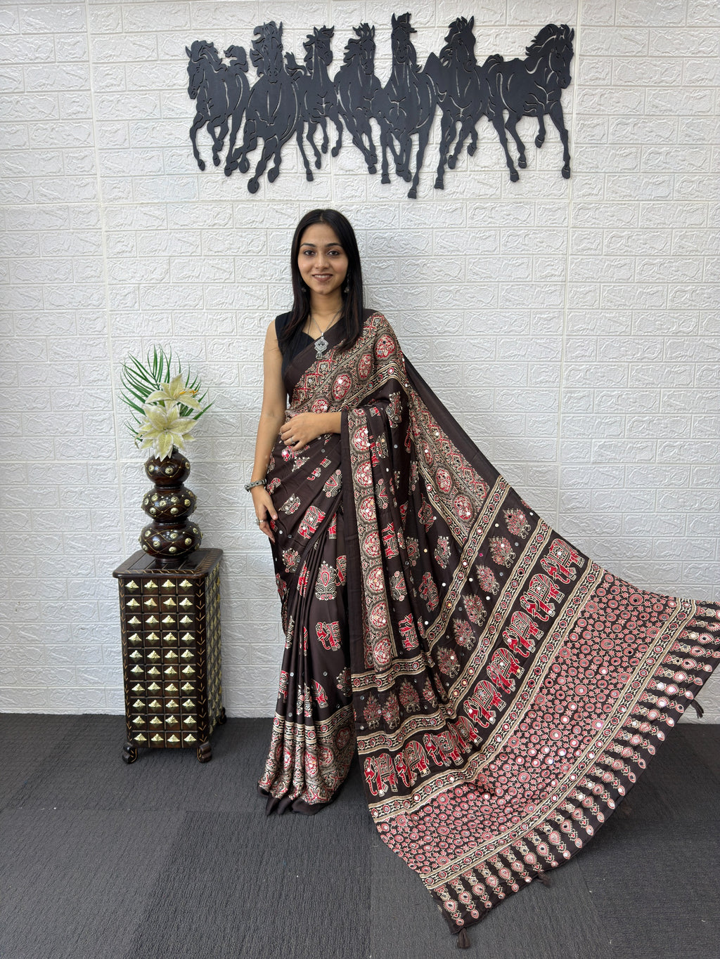 Ajrakh Printed Modal Silk Saree with Rich Traditional Pallu | Festival & Party Wear
