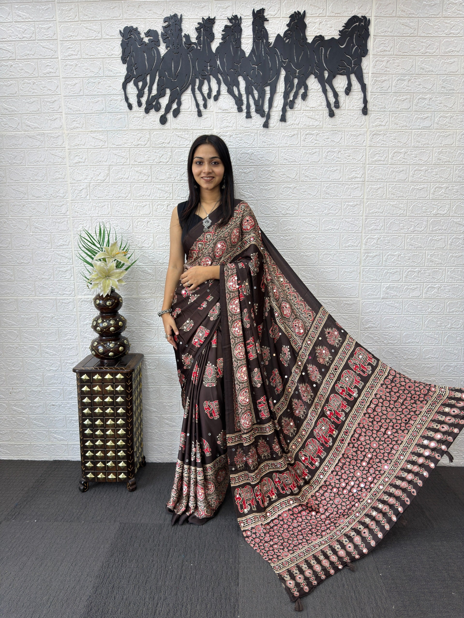 Ajrakh Printed Modal Silk Saree with Rich Traditional Pallu | Festival & Party Wear