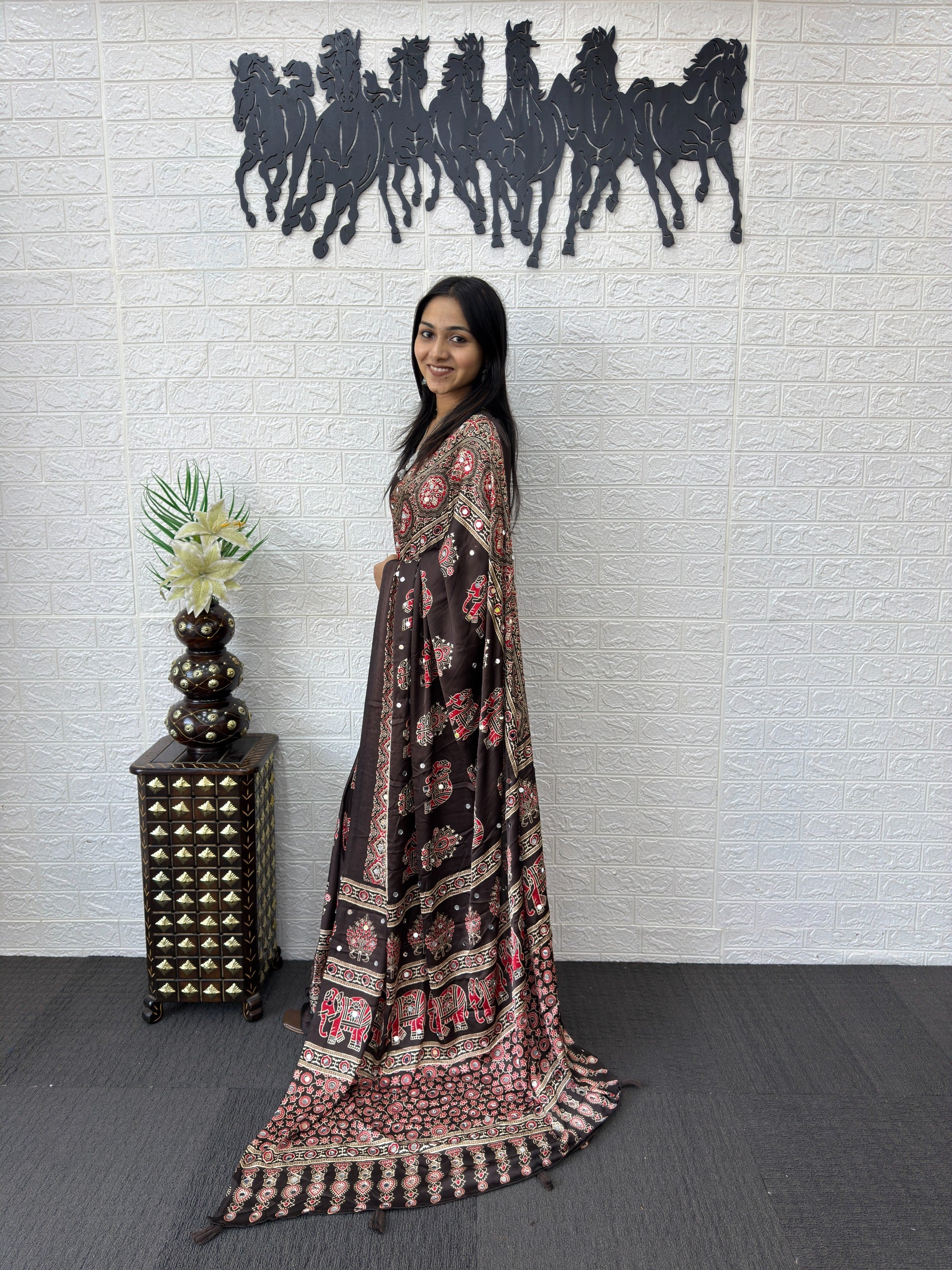 Ajrakh Printed Modal Silk Saree with Rich Traditional Pallu | Festival & Party Wear