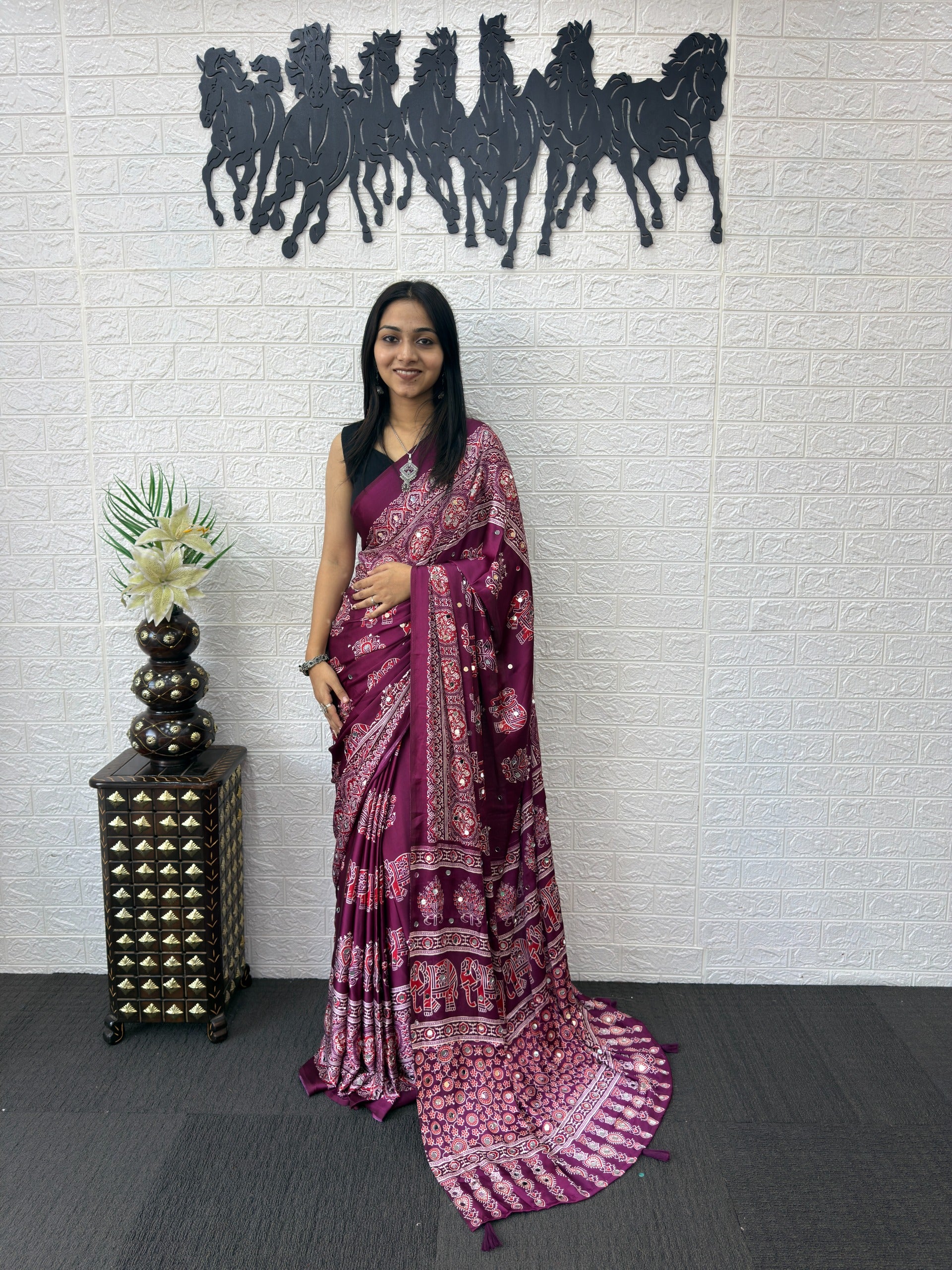 Ajrakh Printed Modal Silk Saree with Rich Traditional Pallu | Festival & Party Wear