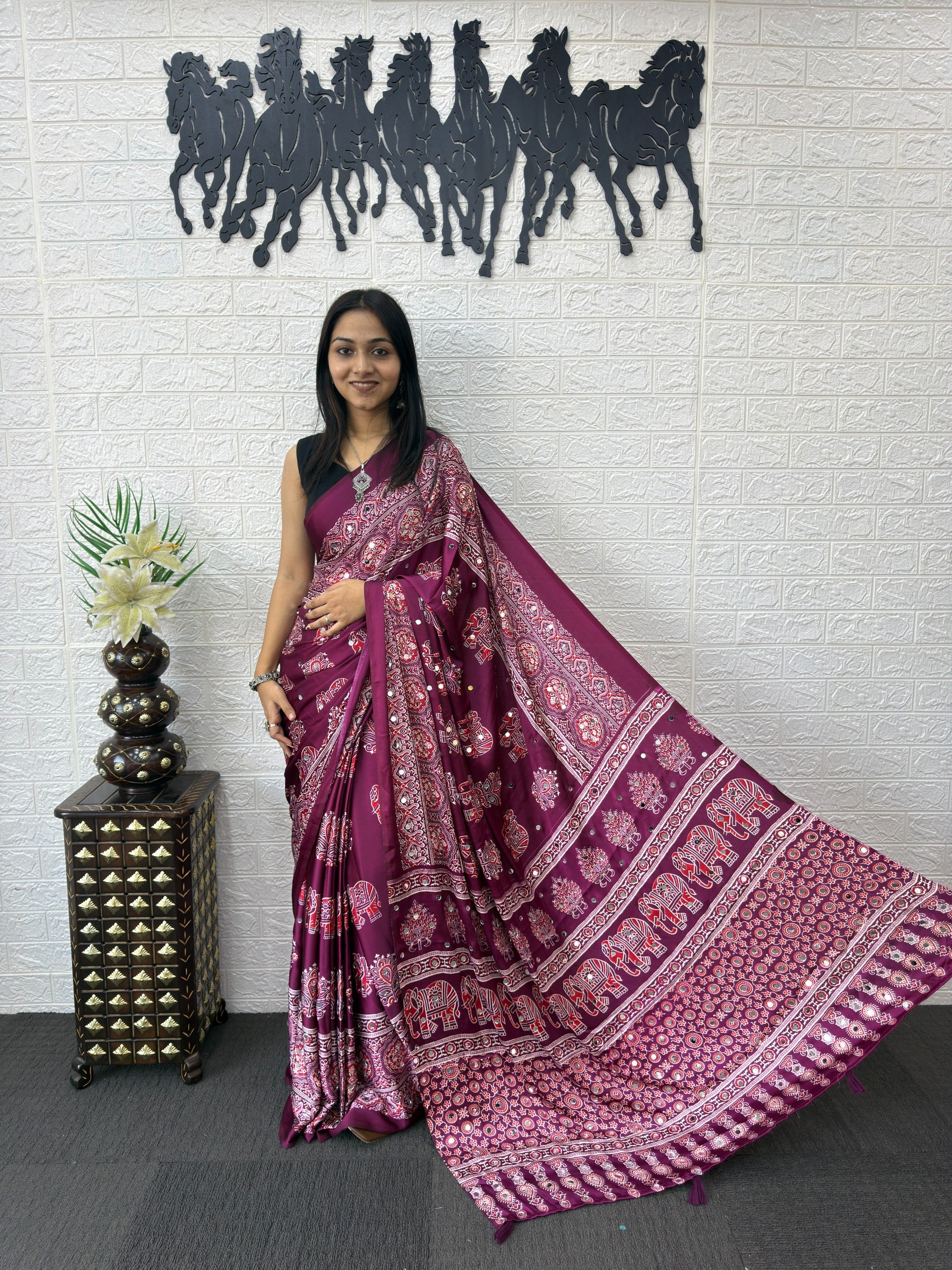 Ajrakh Printed Modal Silk Saree with Rich Traditional Pallu | Festival & Party Wear