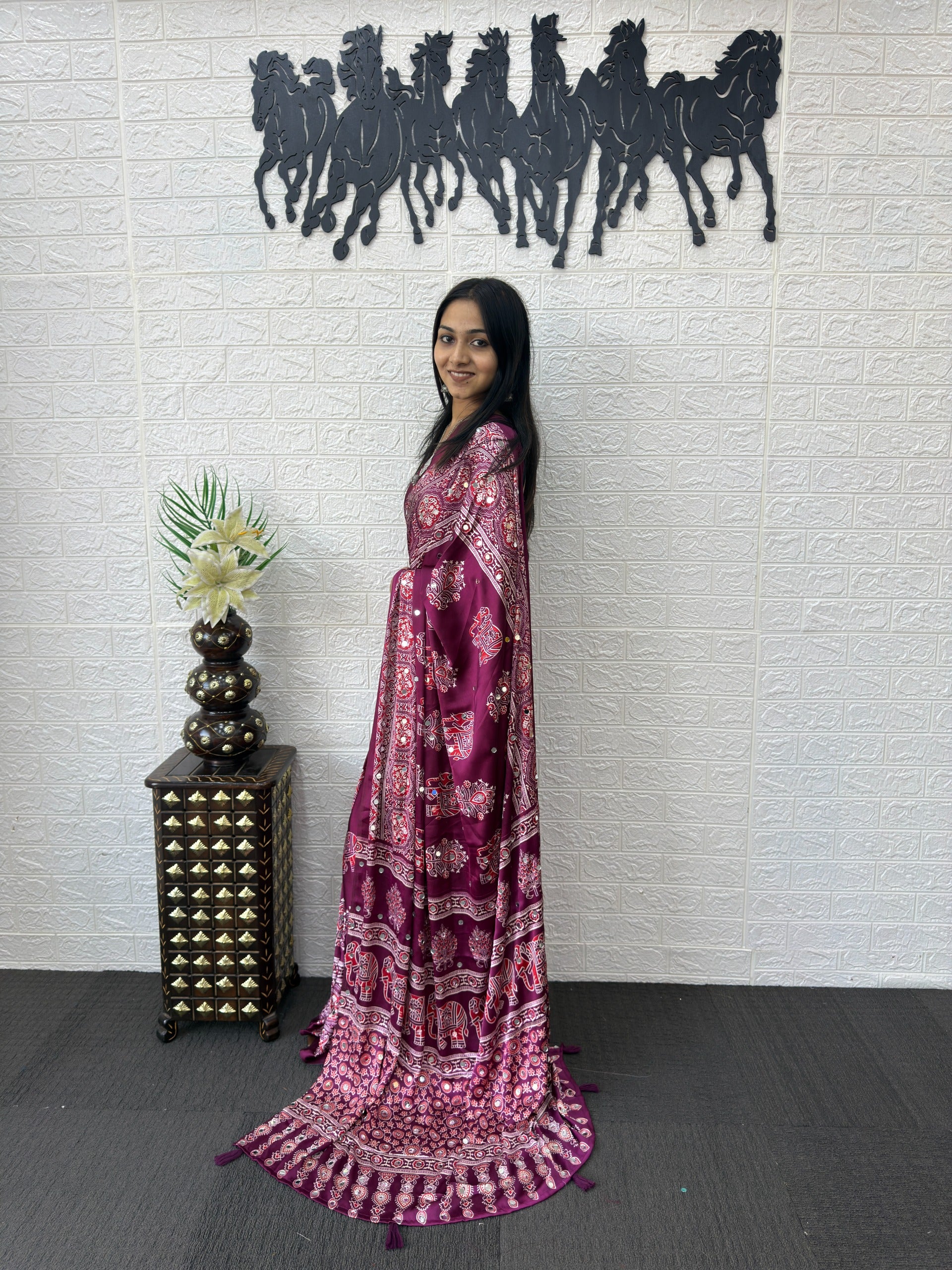 Ajrakh Printed Modal Silk Saree with Rich Traditional Pallu | Festival & Party Wear
