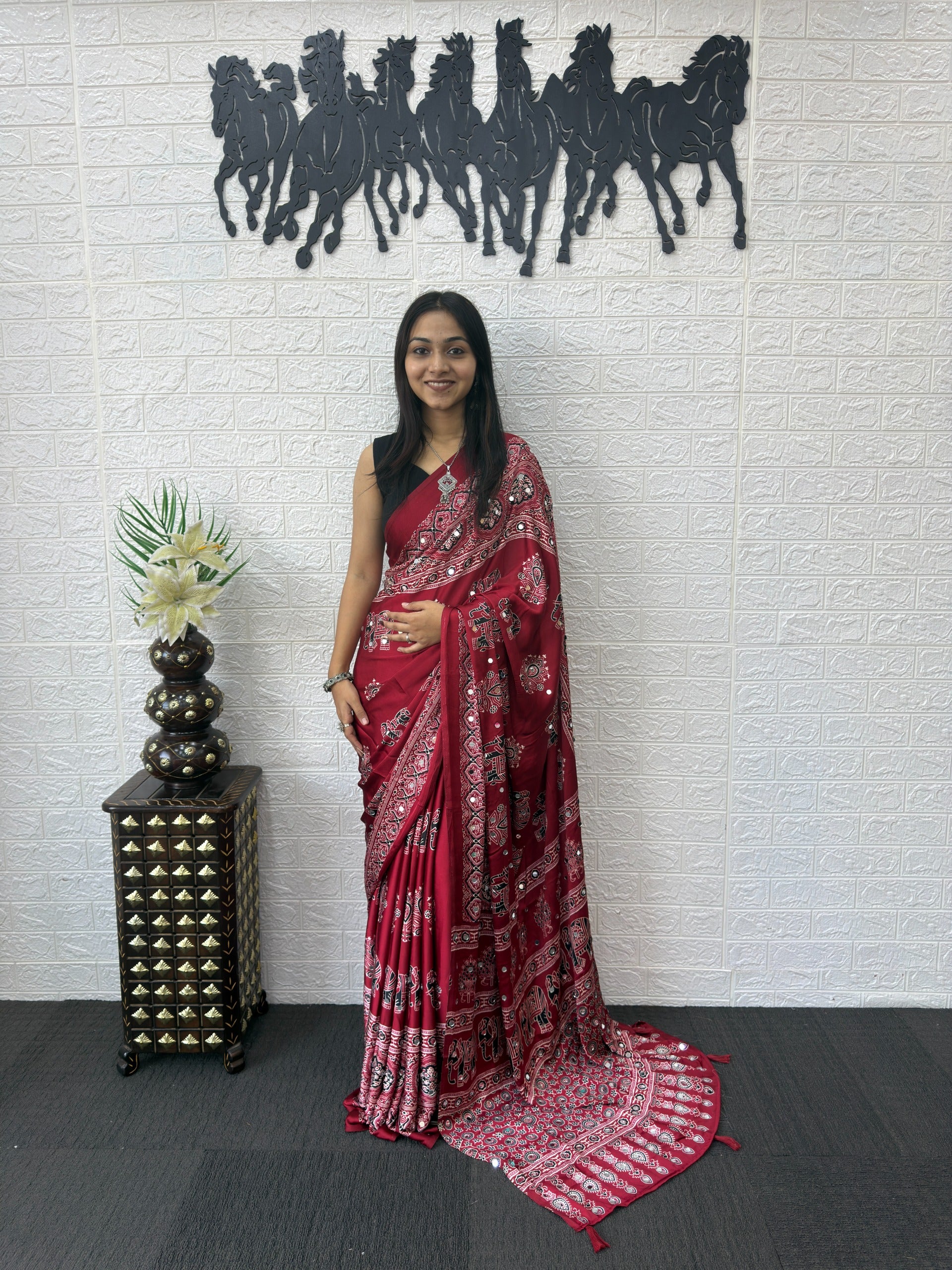 Ajrakh Printed Modal Silk Saree with Rich Traditional Pallu | Festival & Party Wear
