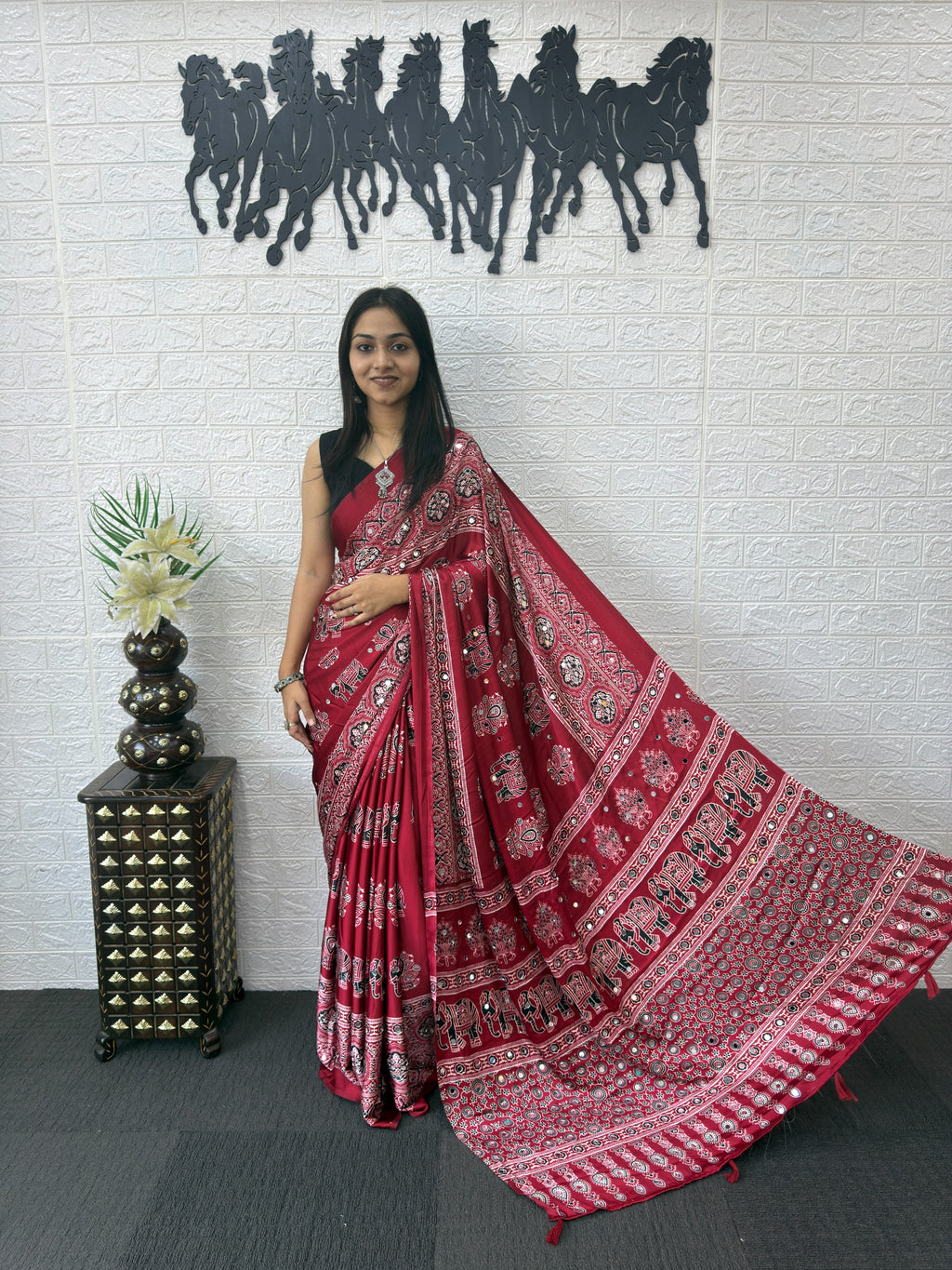 Ajrakh Printed Modal Silk Saree with Rich Traditional Pallu | Festival & Party Wear