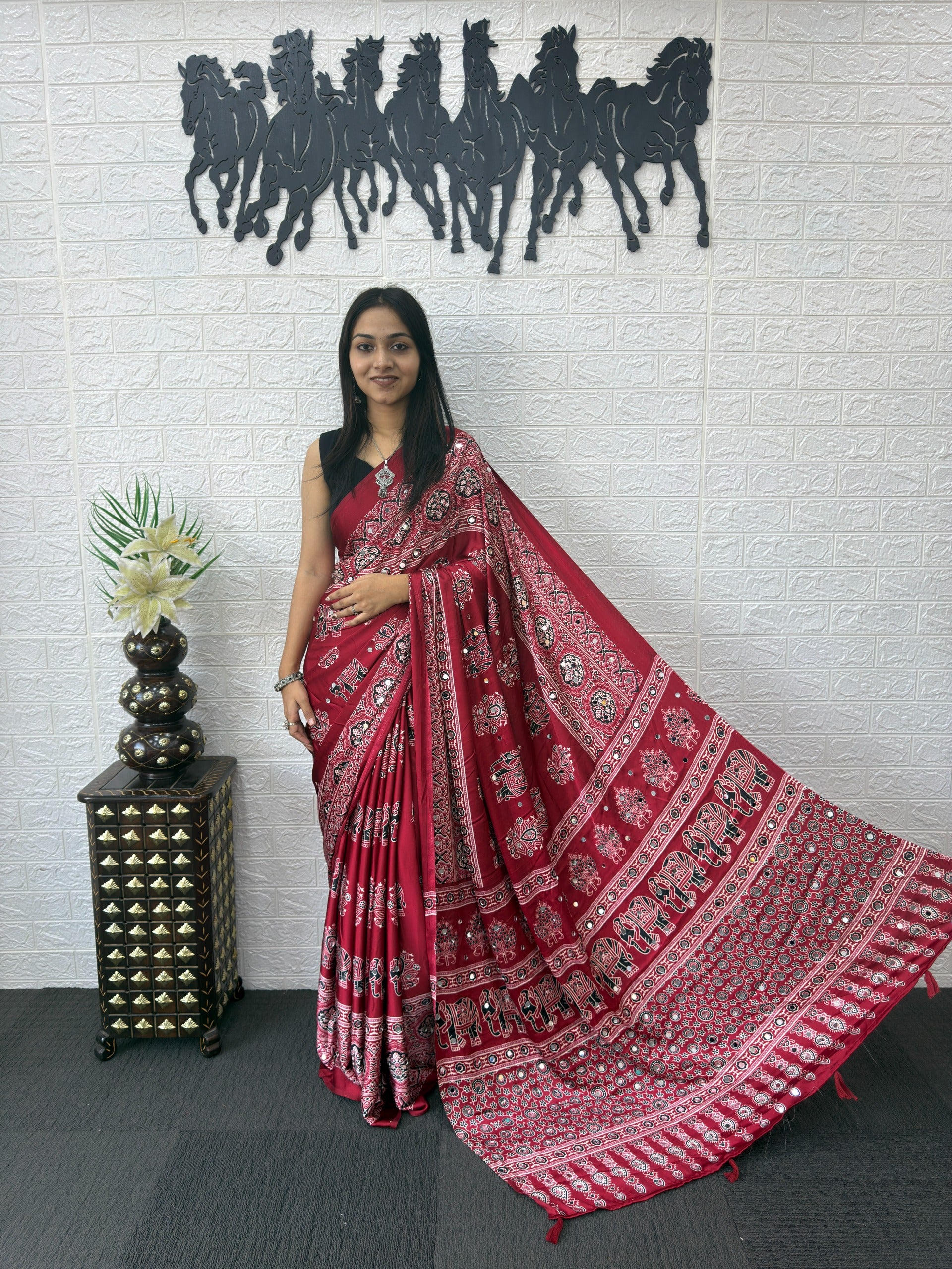 Ajrakh Printed Modal Silk Saree with Rich Traditional Pallu | Festival & Party Wear
