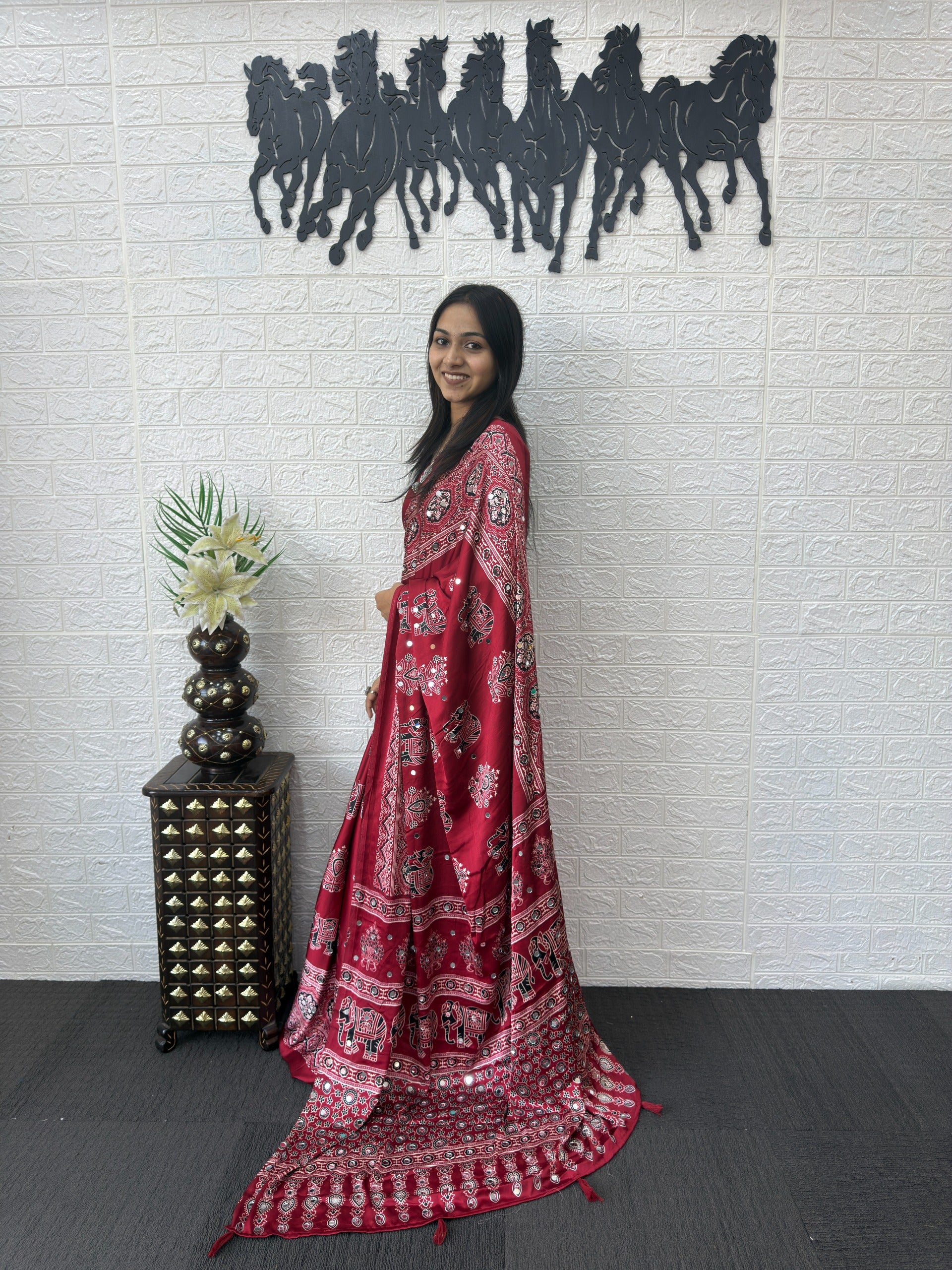 Ajrakh Printed Modal Silk Saree with Rich Traditional Pallu | Festival & Party Wear
