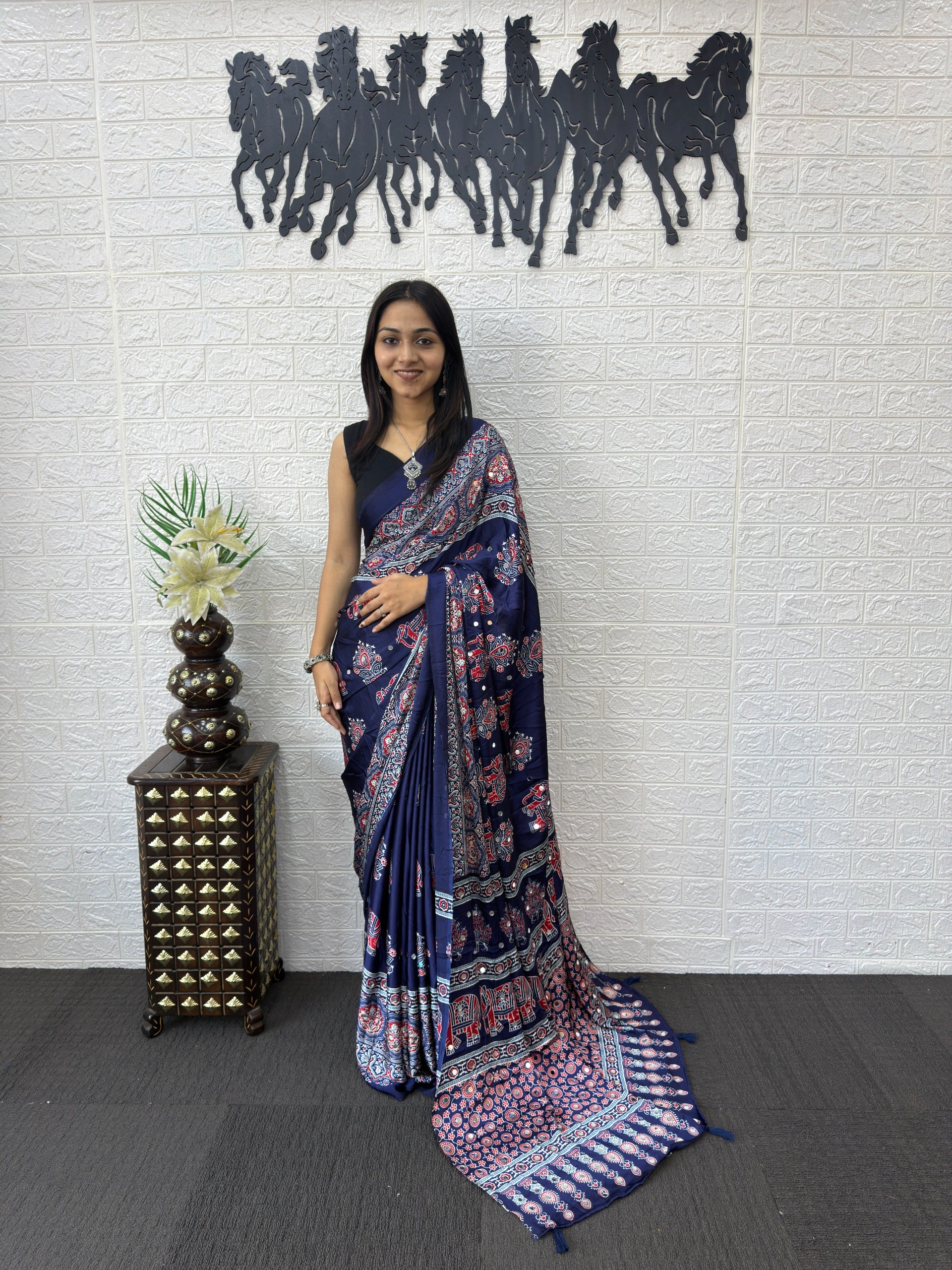 Ajrakh Printed Modal Silk Saree with Rich Traditional Pallu | Festival & Party Wear