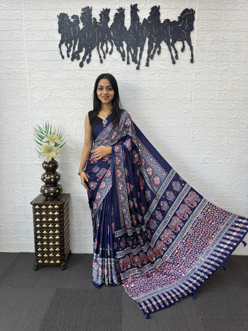 Ajrakh Printed Modal Silk Saree with Rich Traditional Pallu | Festival & Party Wear