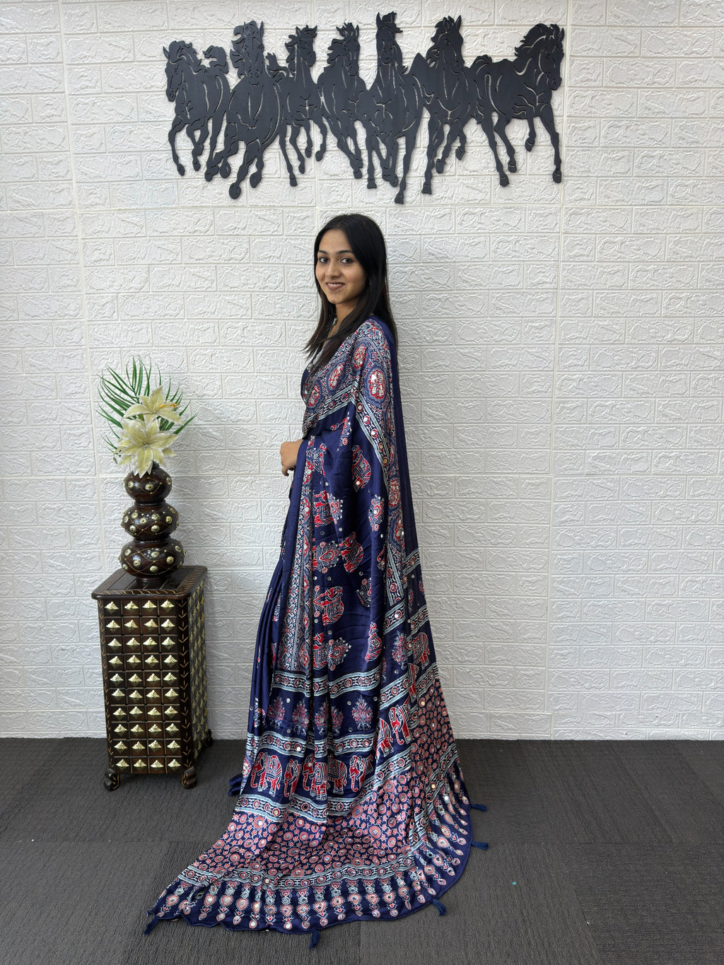 Ajrakh Printed Modal Silk Saree with Rich Traditional Pallu | Festival & Party Wear