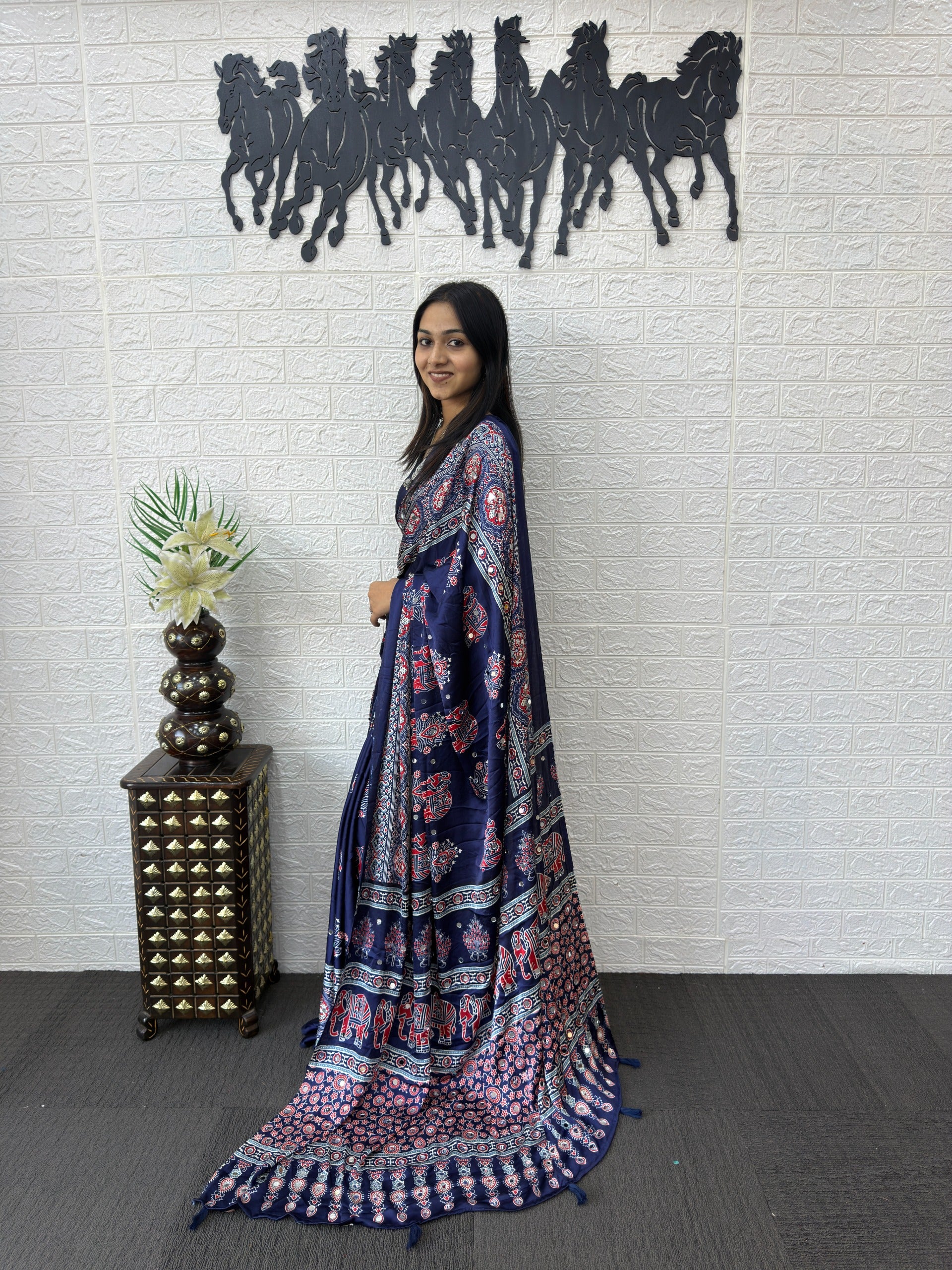 Ajrakh Printed Modal Silk Saree with Rich Traditional Pallu | Festival & Party Wear