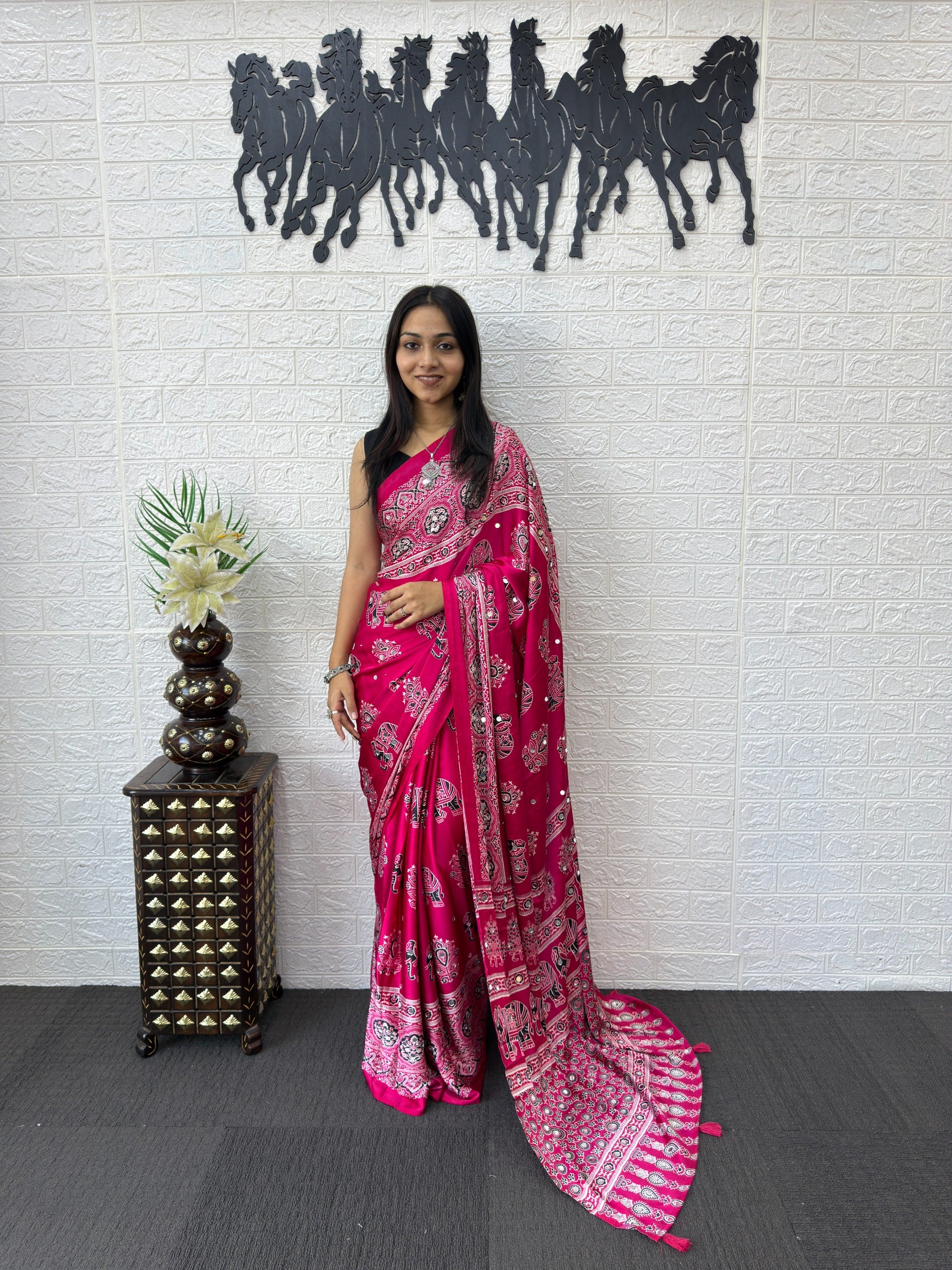Ajrakh Printed Modal Silk Saree with Rich Traditional Pallu | Festival & Party Wear