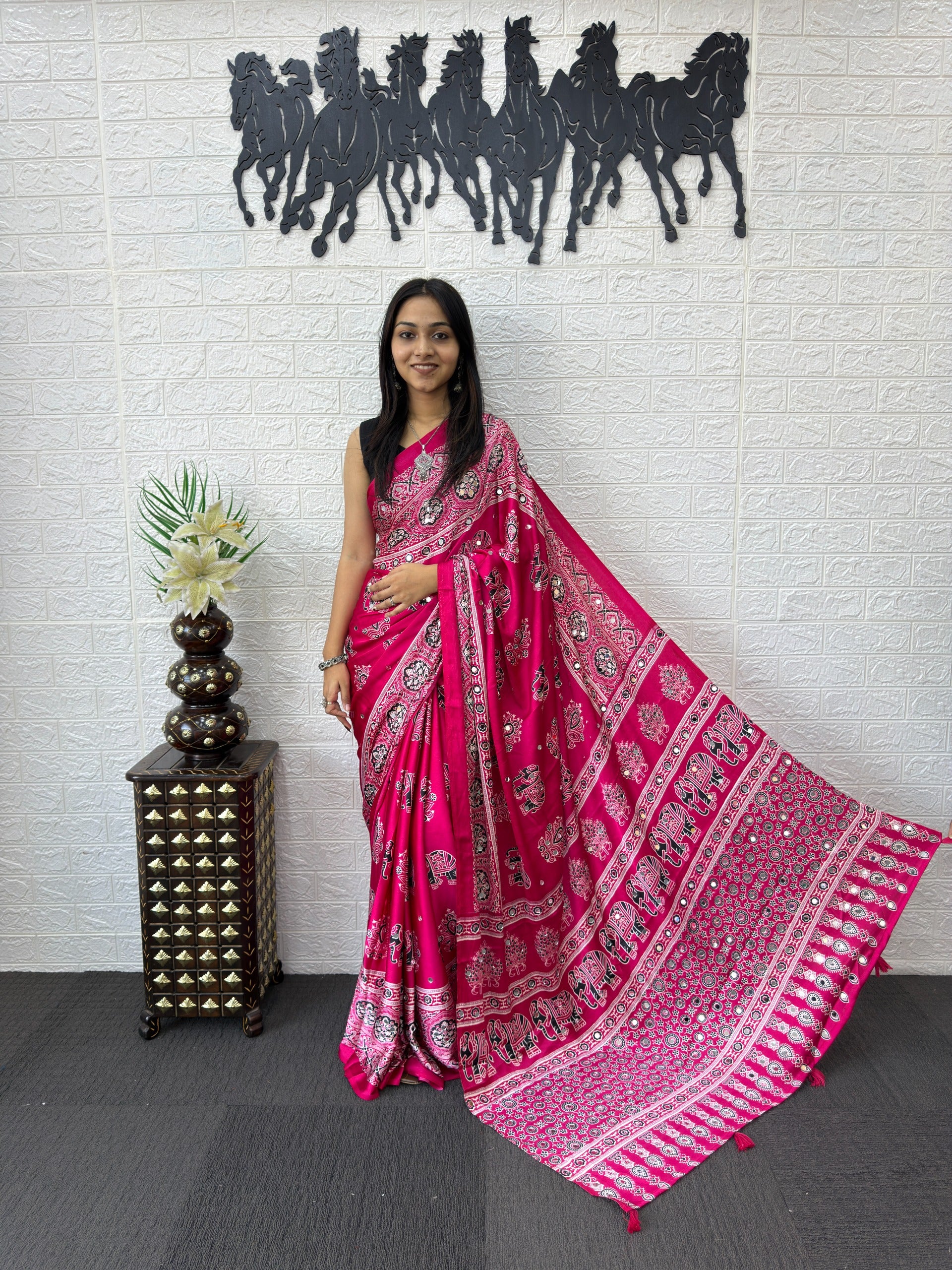 Ajrakh Printed Modal Silk Saree with Rich Traditional Pallu | Festival & Party Wear