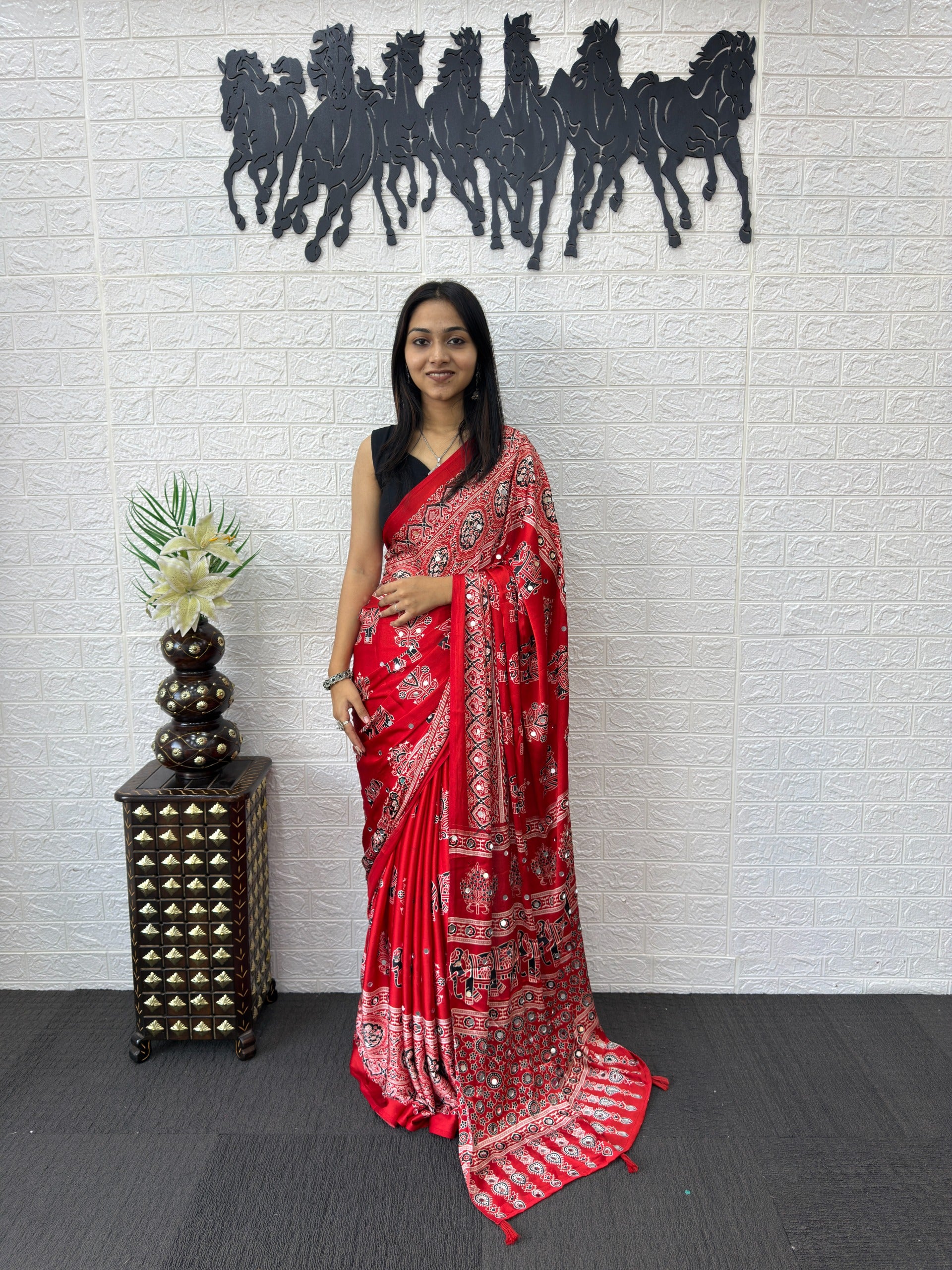 Ajrakh Printed Modal Silk Saree with Rich Traditional Pallu | Festival & Party Wear