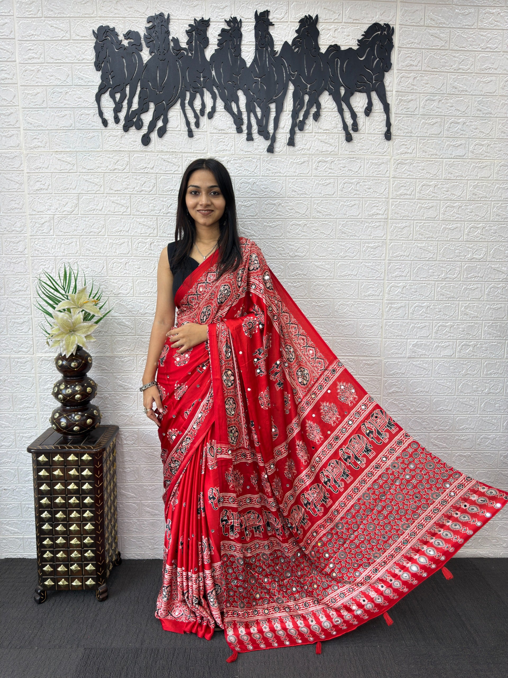 Ajrakh Printed Modal Silk Saree with Rich Traditional Pallu | Festival & Party Wear