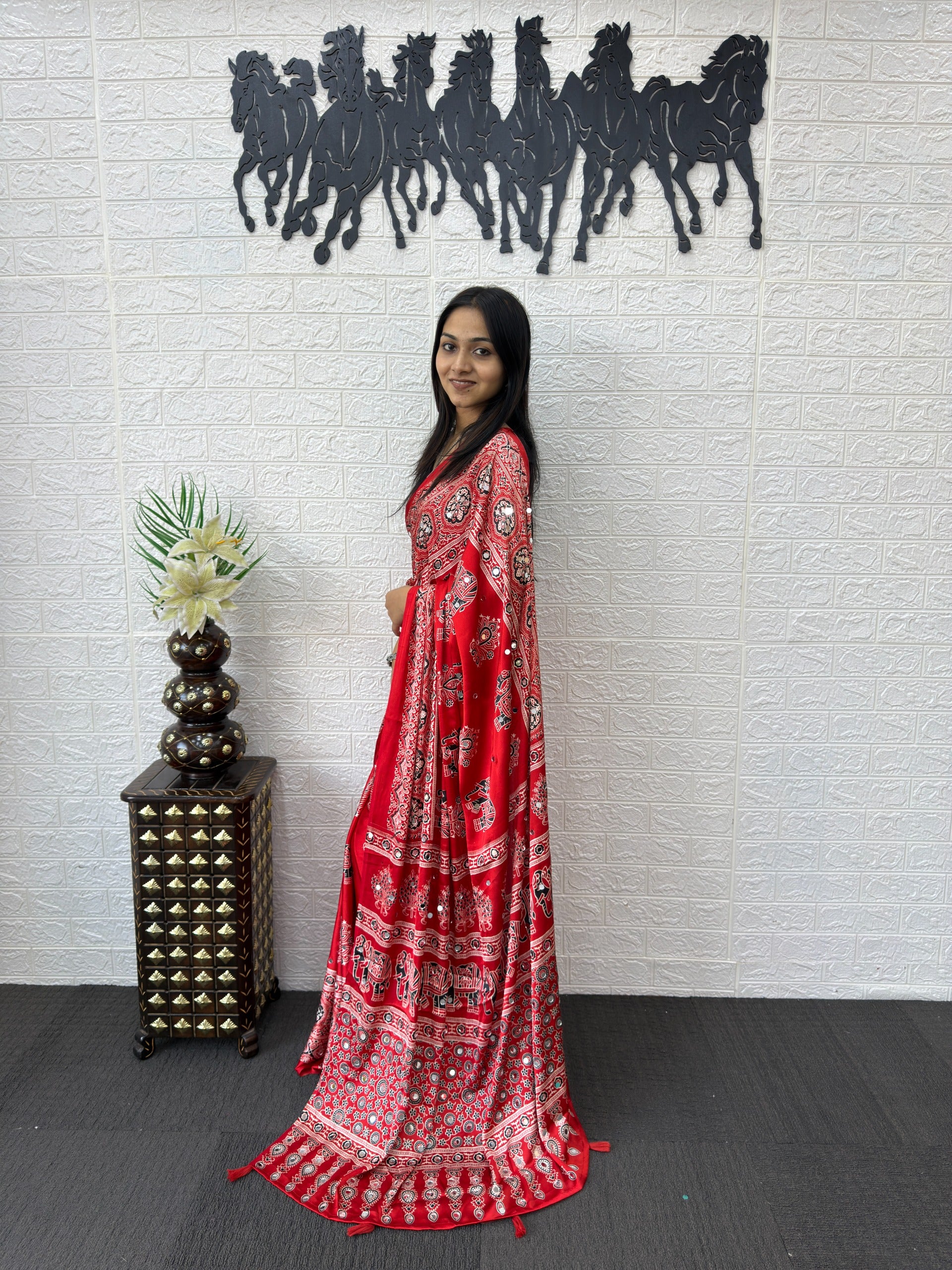 Ajrakh Printed Modal Silk Saree with Rich Traditional Pallu | Festival & Party Wear