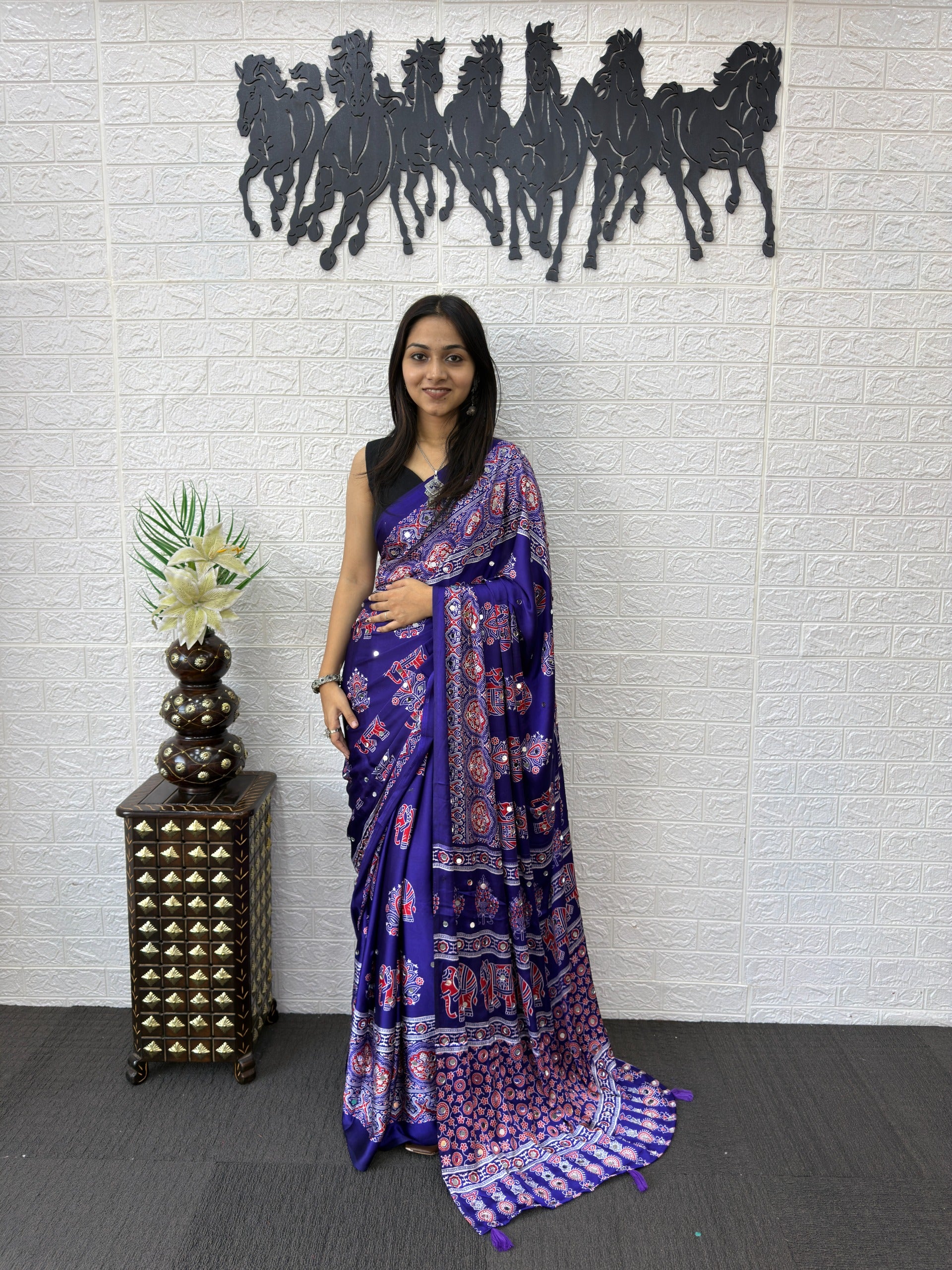 Ajrakh Printed Modal Silk Saree with Rich Traditional Pallu | Festival & Party Wear