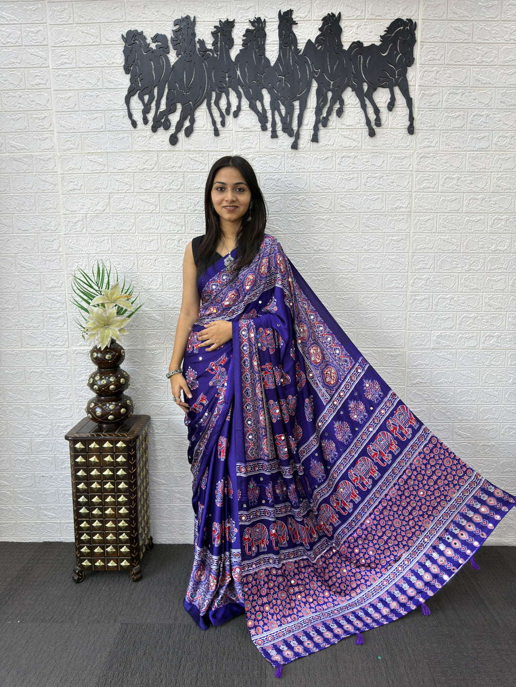 Ajrakh Printed Modal Silk Saree with Rich Traditional Pallu | Festival & Party Wear