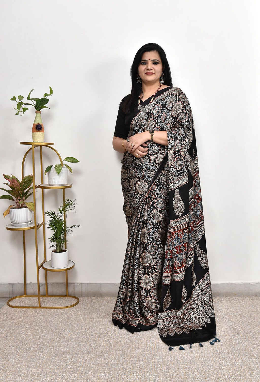 Designer Black Ajrakh Printed Saree | Cultural Festive & Party Wear Saree