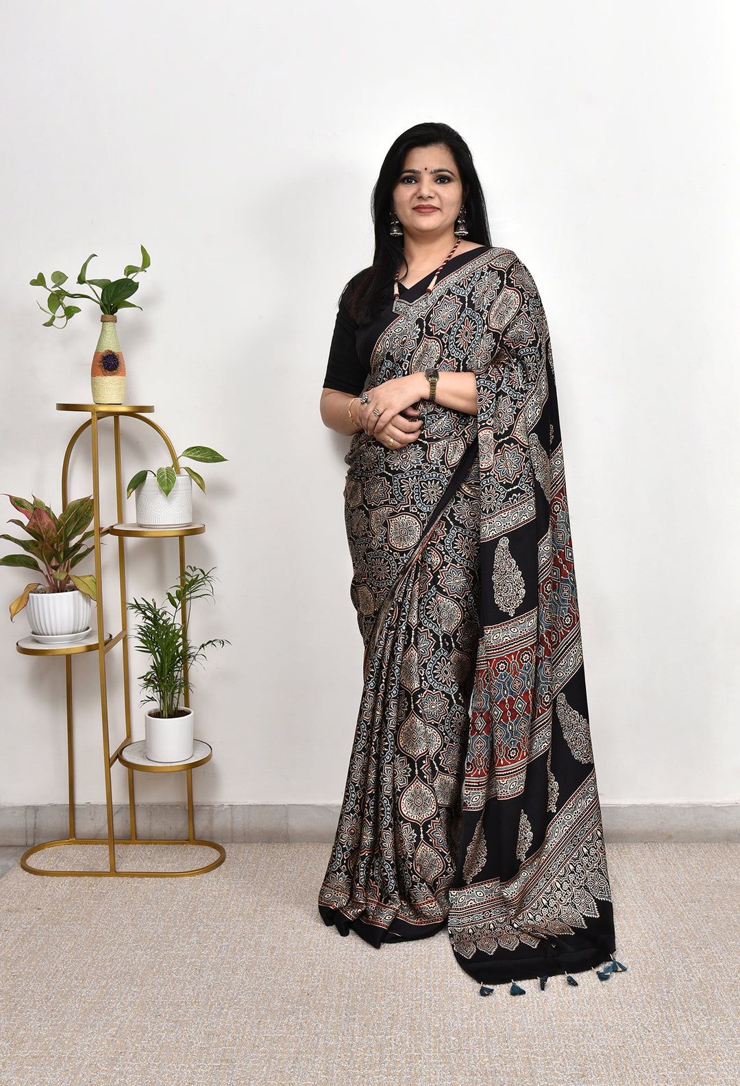 Designer Black Ajrakh Printed Saree | Cultural Festive & Party Wear Saree