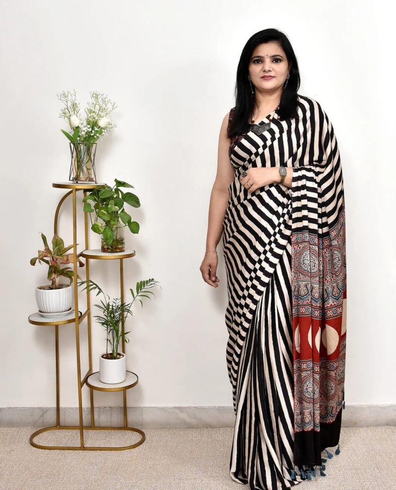 Black and Cream Striped Saree with Heavy Printed Red Pallu and Pom-Poms | Regular & Festival Wear