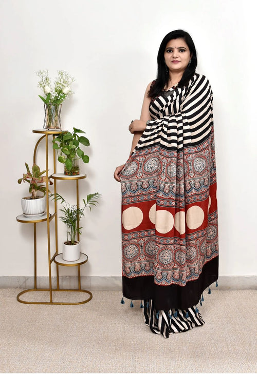Black and Cream Striped Saree with Heavy Printed Red Pallu and Pom-Poms | Regular & Festival Wear