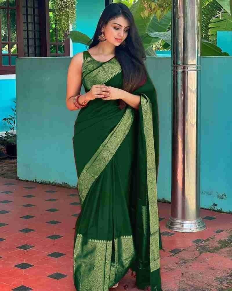 Green Jacquard Saree with Rich Antique Gold Zari Border | Trendy Casual & Office Wear Saree for Women