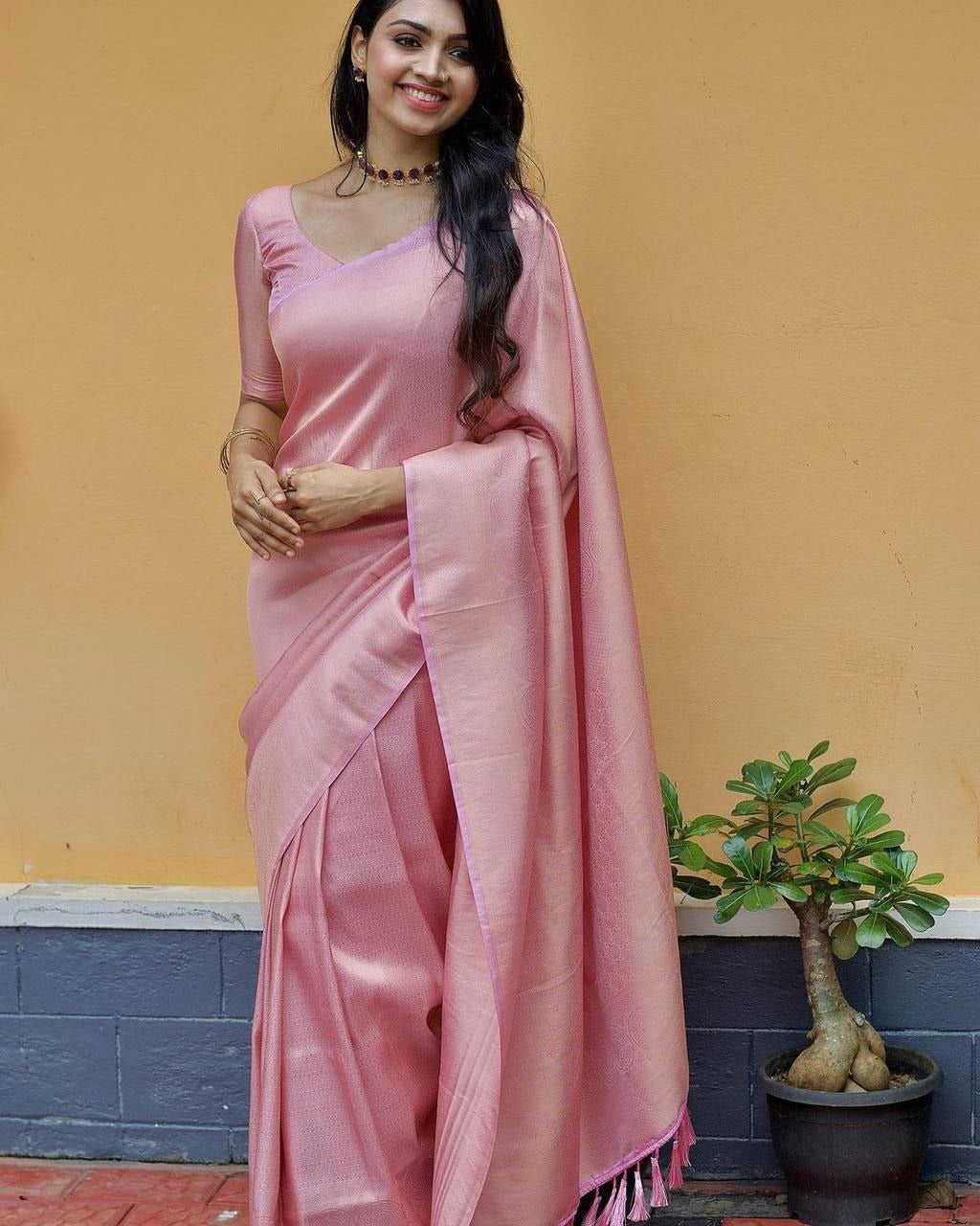 Baby Pink Jacquard Saree with Rich Antique Gold Zari Border | Trendy Casual & Office Wear Saree for Women