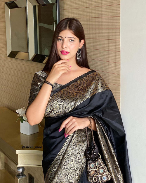 Black Jacquard Saree with Rich Antique Gold Zari Border | Trendy Casual & Office Wear Saree for Women