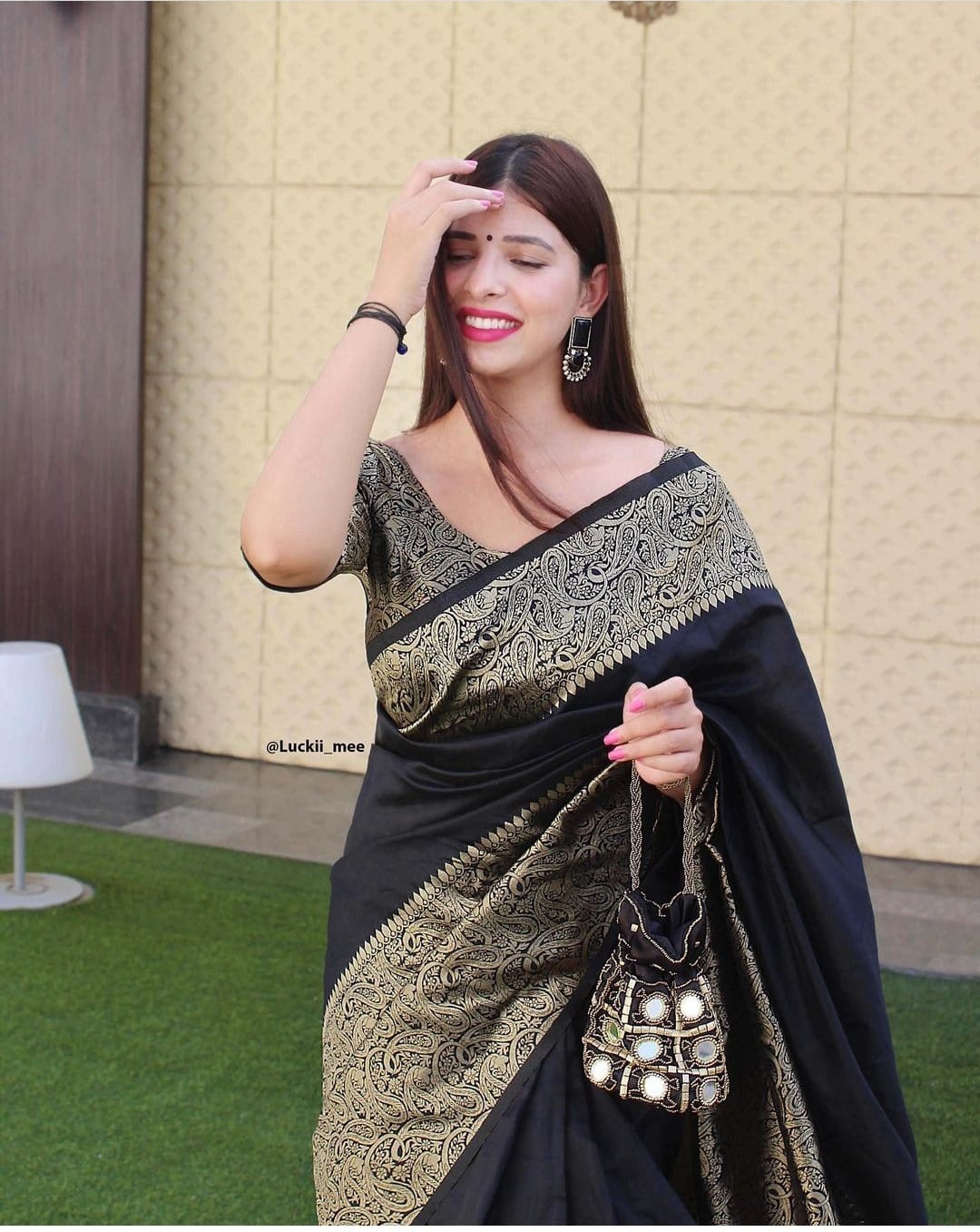 Black Jacquard Saree with Rich Antique Gold Zari Border | Trendy Casual & Office Wear Saree for Women