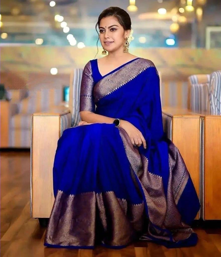 Blue Jacquard Saree with Rich Antique Gold Zari Border | Trendy Casual & Office Wear Saree for Women