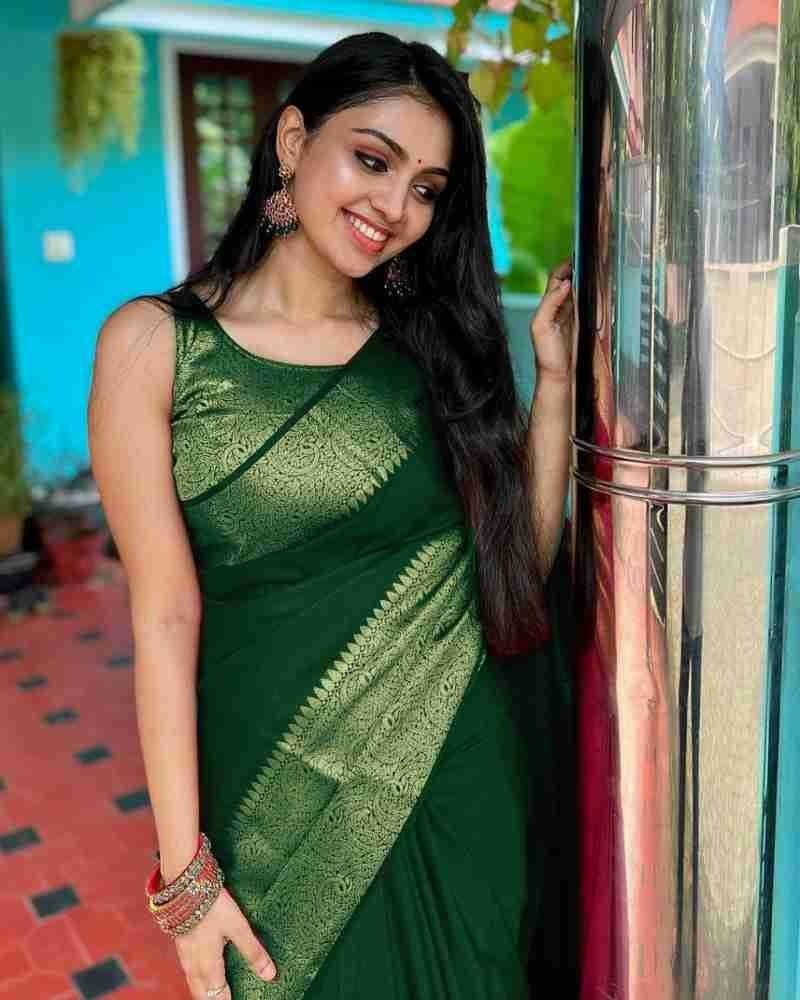 Green Jacquard Saree with Rich Antique Gold Zari Border | Trendy Casual & Office Wear Saree for Women