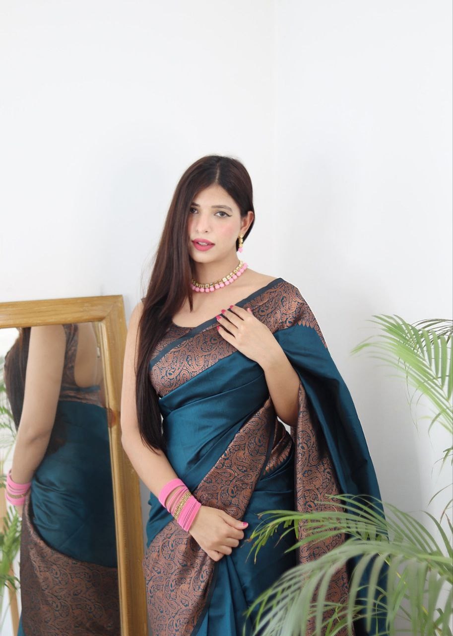 Light Blue Jacquard Saree with Rich Antique Gold Zari Border | Trendy Casual & Office Wear Saree for Women