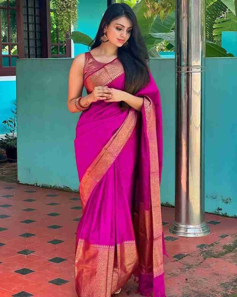 Pink Jacquard Saree with Rich Antique Gold Zari Border | Trendy Casual & Office Wear Saree for Women
