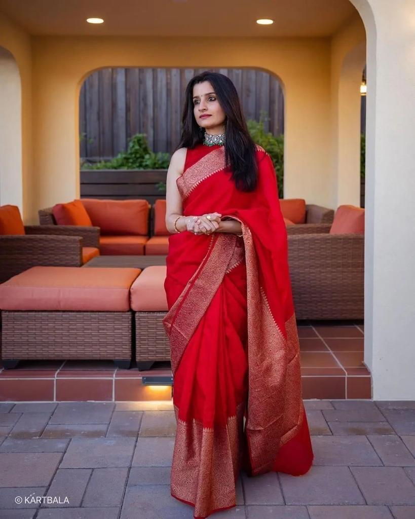 Red Jacquard Saree with Rich Antique Gold Zari Border | Trendy Casual & Office Wear Saree for Women