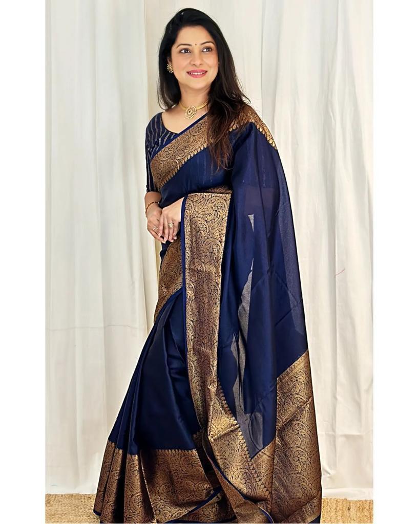 Royal Blue Jacquard Saree with Rich Antique Gold Zari Border | Trendy Casual & Office Wear Saree for Women