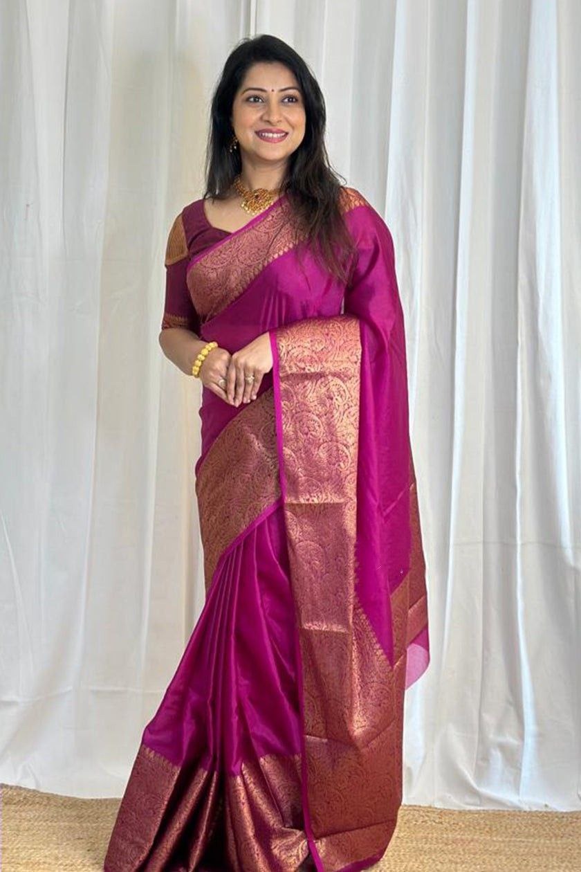 Pink Jacquard Saree with Rich Antique Gold Zari Border | Trendy Casual & Office Wear Saree for Women