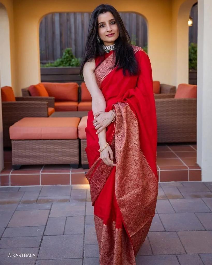 Red Jacquard Saree with Rich Antique Gold Zari Border | Trendy Casual & Office Wear Saree for Women
