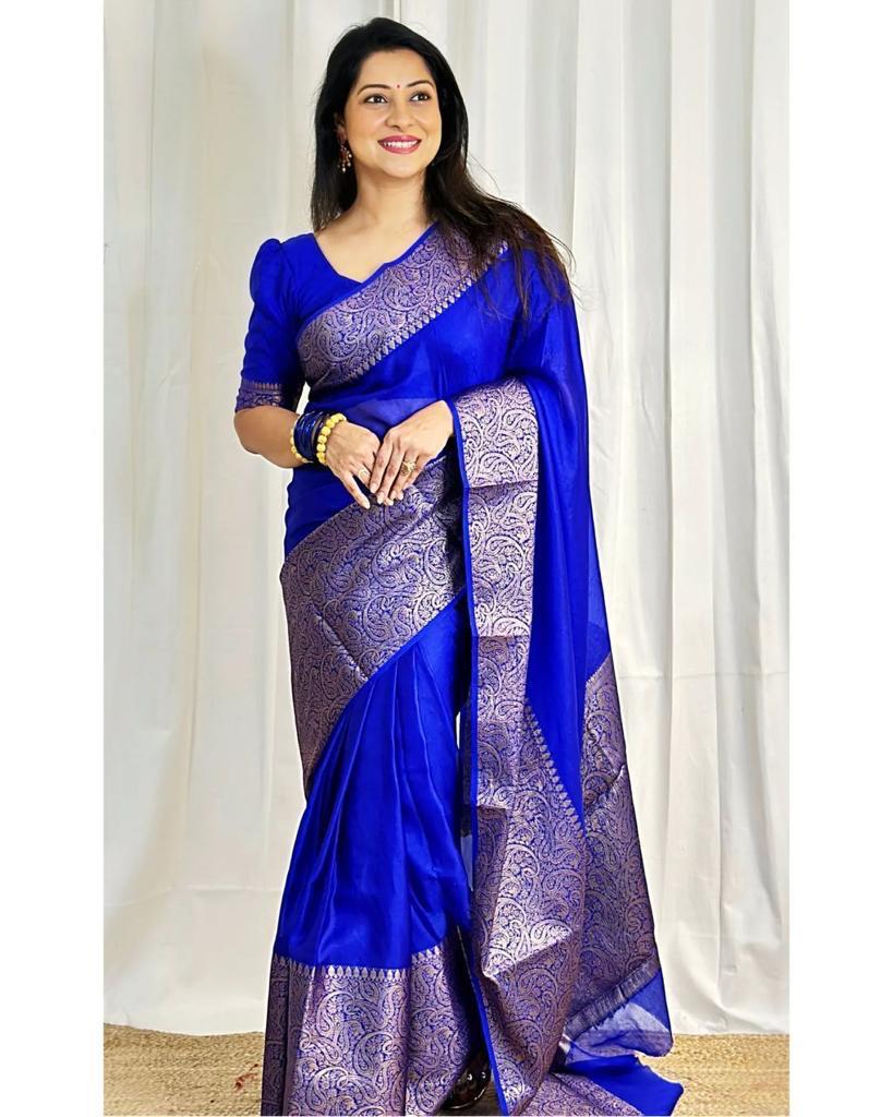 Blue Jacquard Saree with Rich Antique Gold Zari Border | Trendy Casual & Office Wear Saree for Women