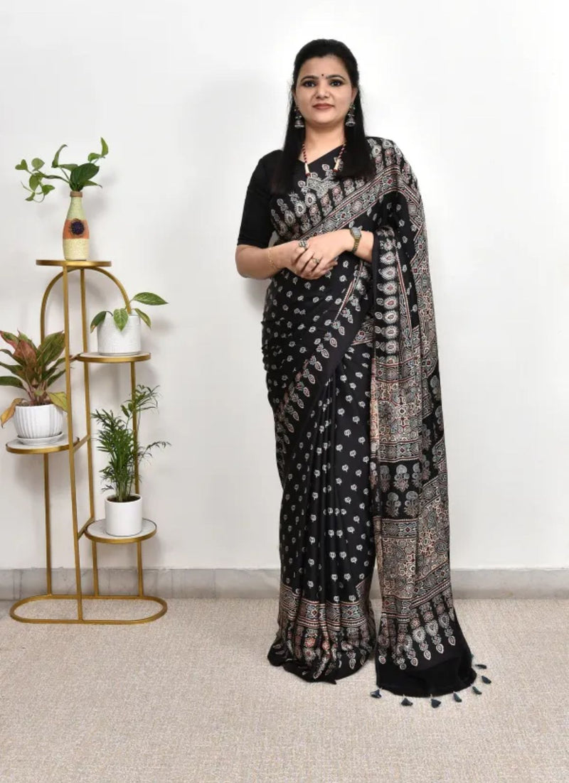 Black Ajrakh Print Saree with Traditional Border | Soft Japan Satin Blend | Ethnic Festive & Office Wear Saree