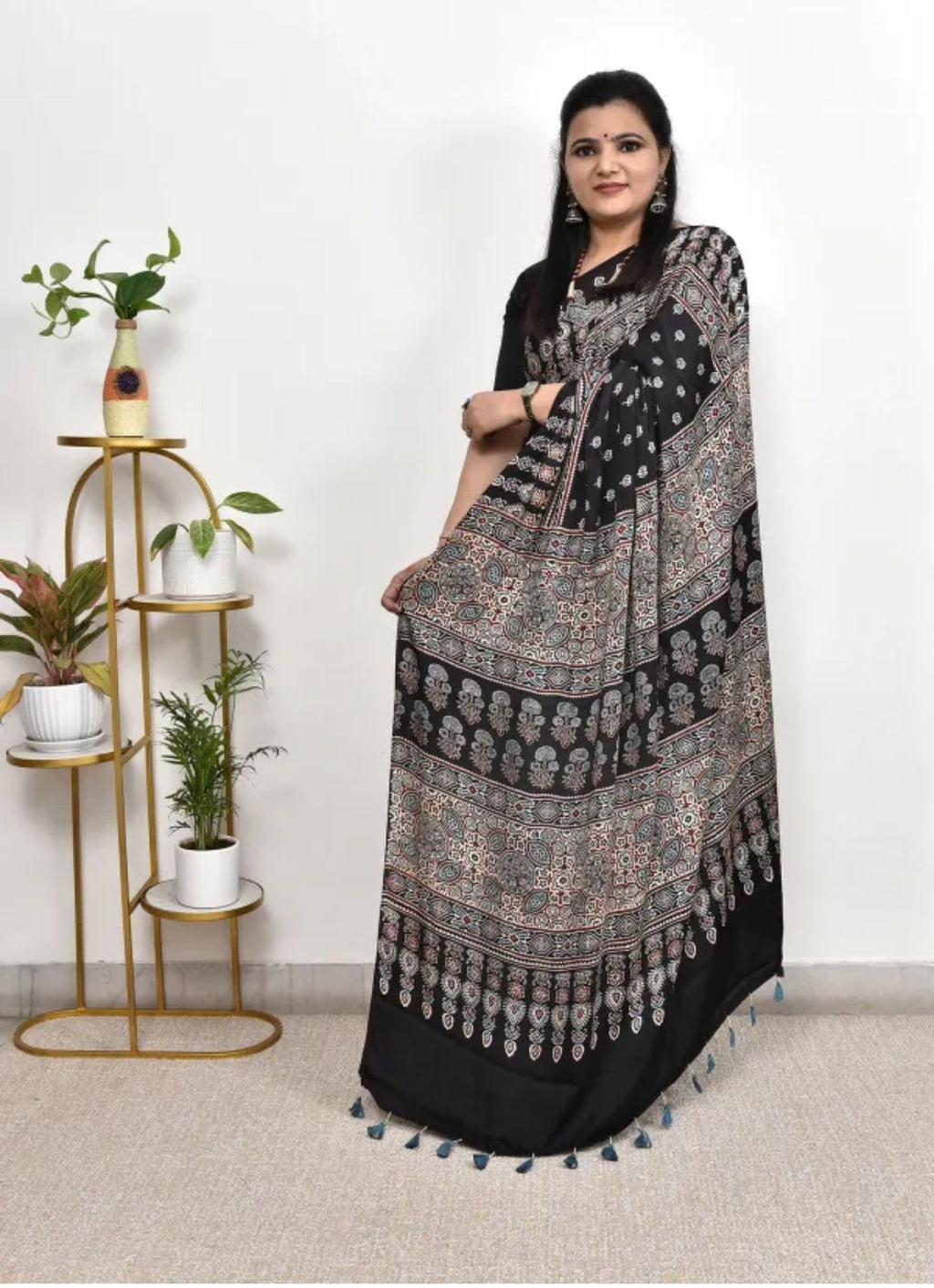 Black Ajrakh Print Saree with Traditional Border | Soft Japan Satin Blend | Ethnic Festive & Office Wear Saree