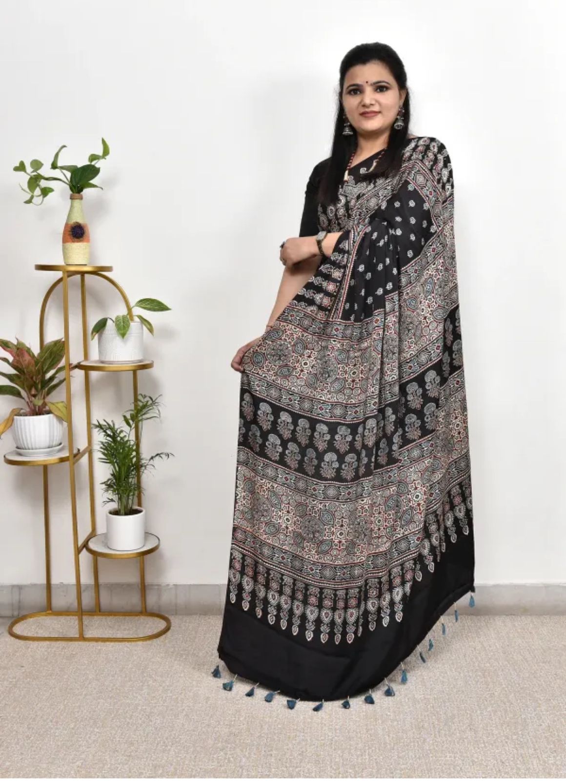 Black Ajrakh Print Saree with Traditional Border | Soft Japan Satin Blend | Ethnic Festive & Office Wear Saree