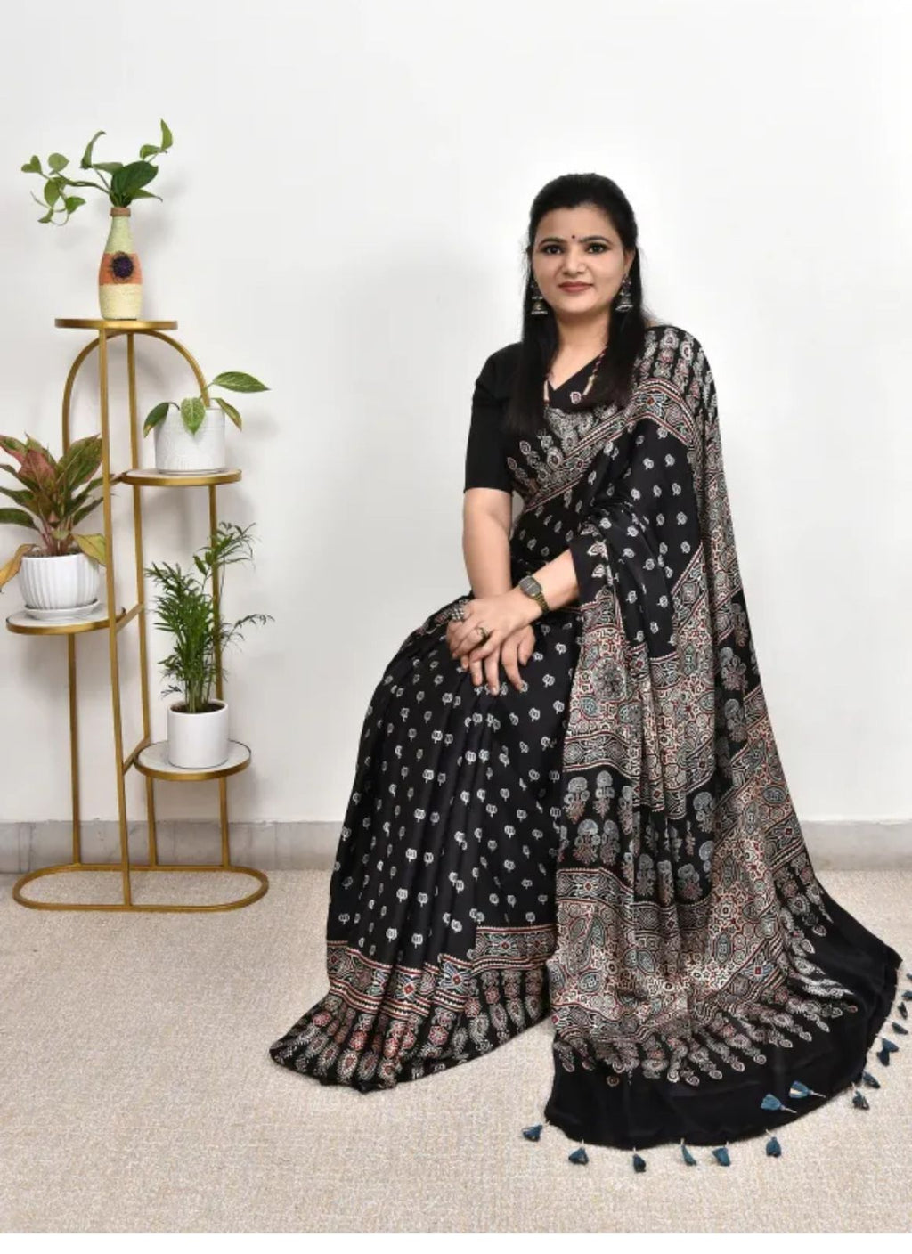 Black Ajrakh Print Saree with Traditional Border | Soft Japan Satin Blend | Ethnic Festive & Office Wear Saree