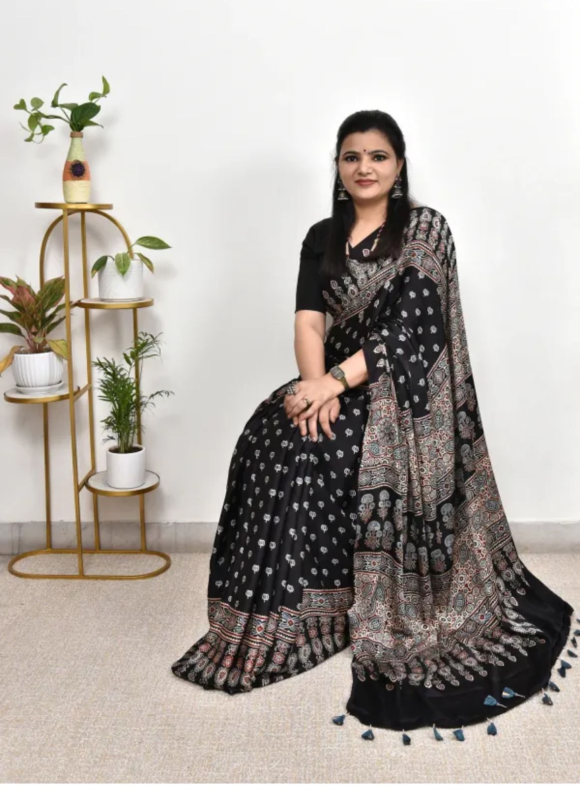 Black Ajrakh Print Saree with Traditional Border | Soft Japan Satin Blend | Ethnic Festive & Office Wear Saree