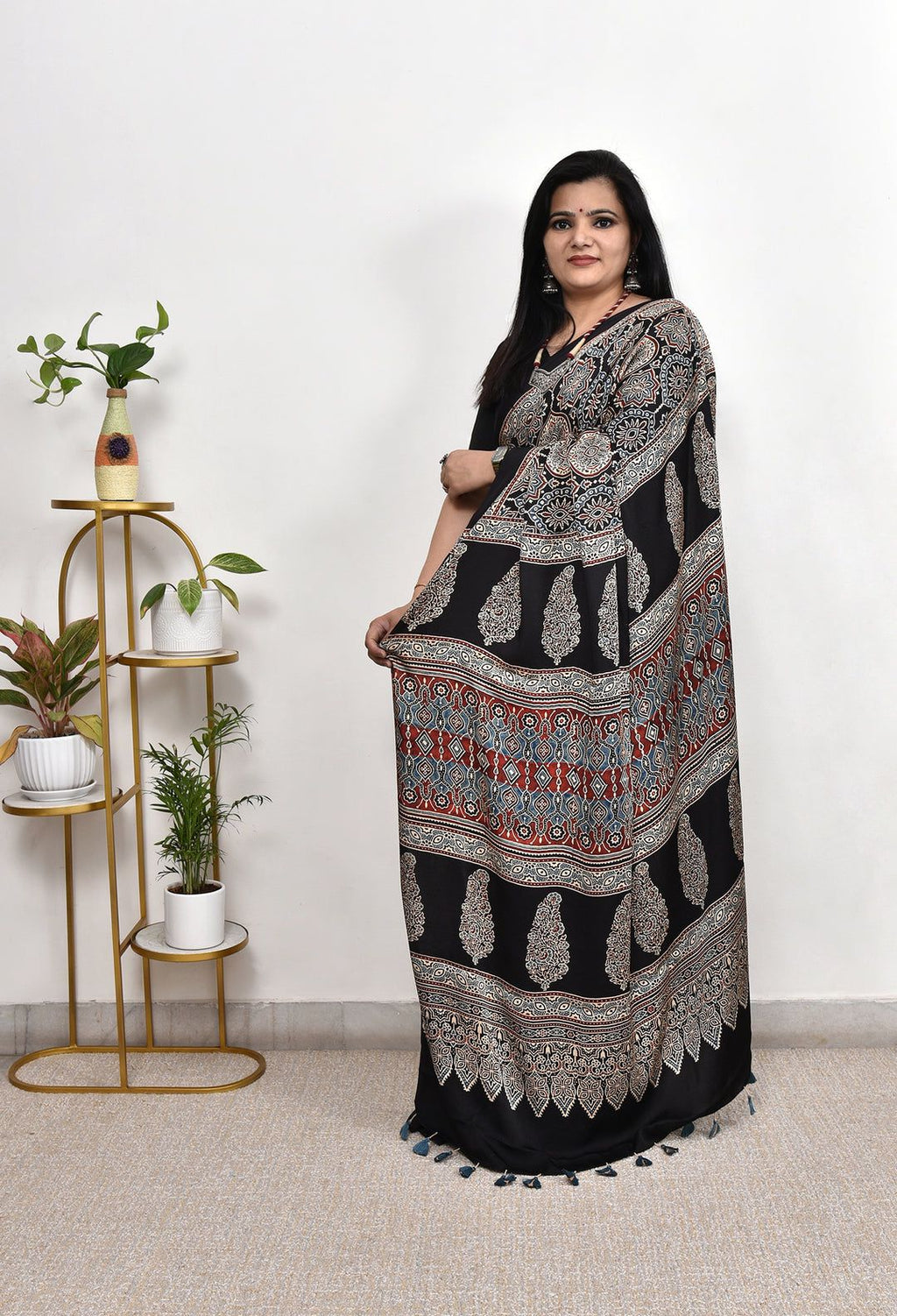 Designer Black Ajrakh Printed Saree | Cultural Festive & Party Wear Saree