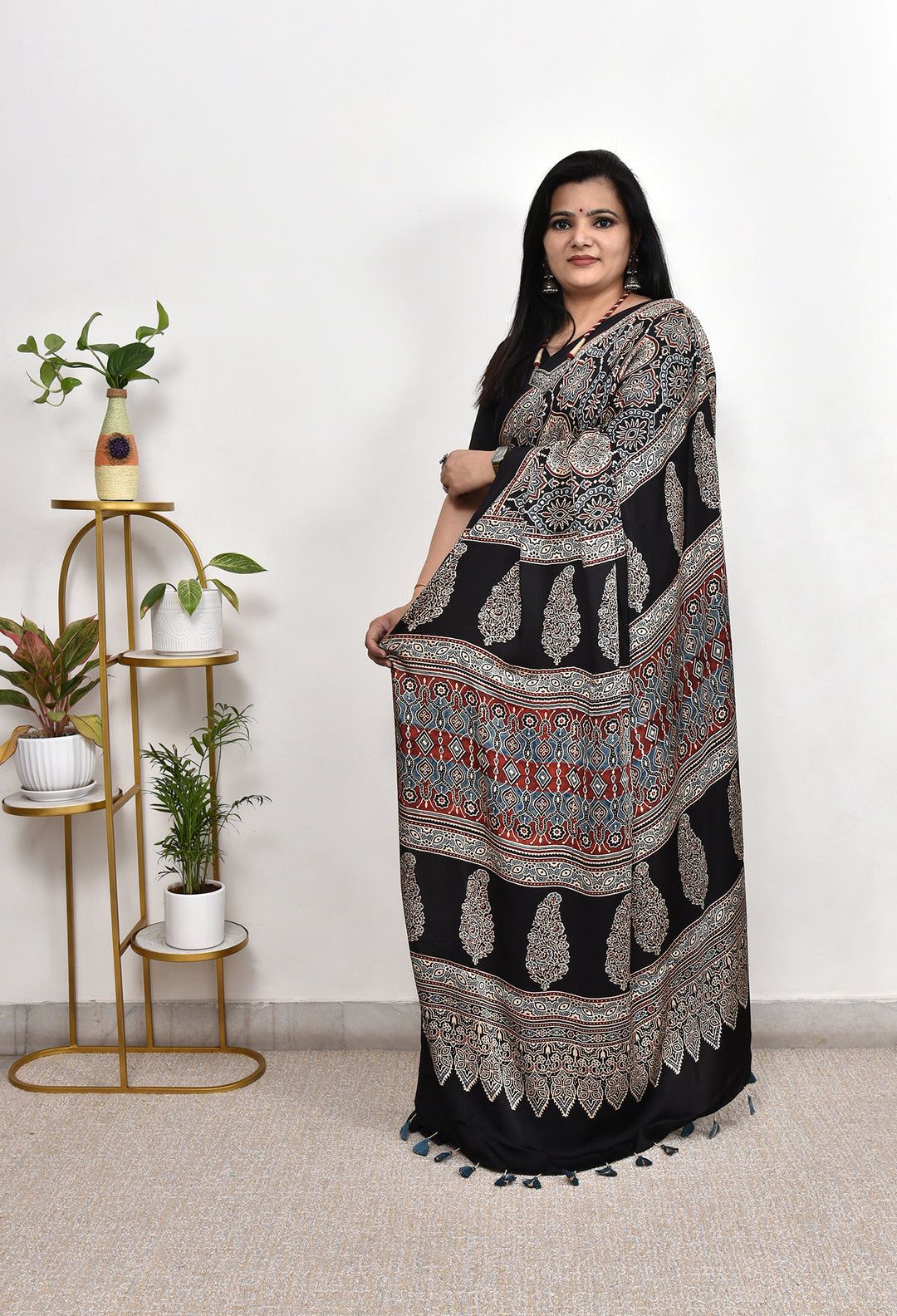 Designer Black Ajrakh Printed Saree | Cultural Festive & Party Wear Saree