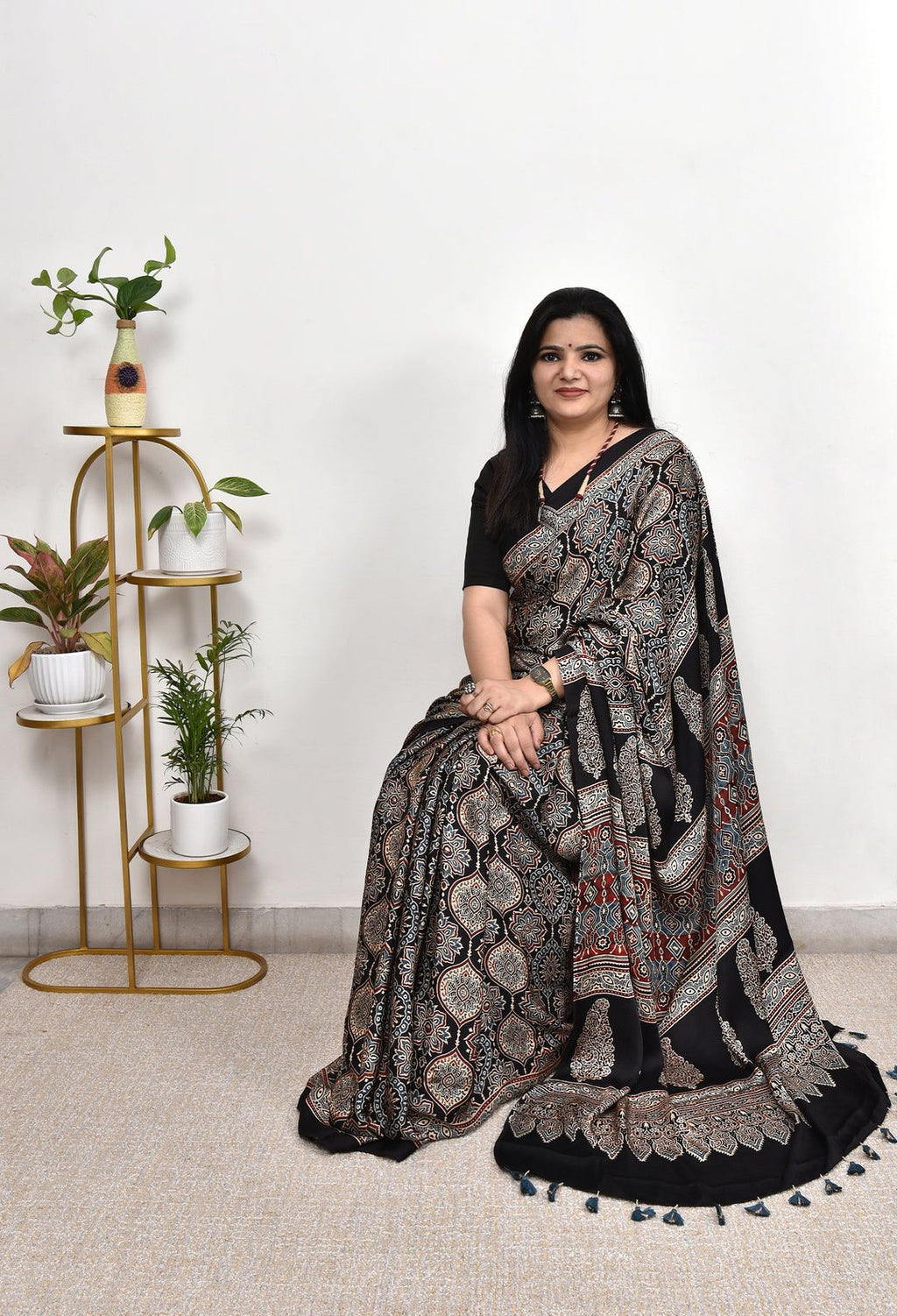 Designer Black Ajrakh Printed Saree | Cultural Festive & Party Wear Saree