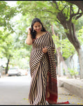 Stylish Beige & Black Striped Saree with Contrast Pallu | Trendy Casual & Office Wear Saree for Women