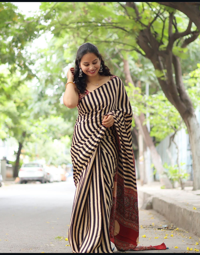 Elegant Black Stripe Ajrakh Border Designer Saree