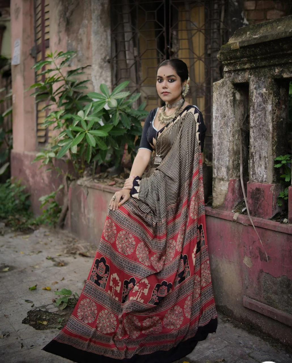 Brown Black & Red Japan Satin Saree With Traditional Printed Work - Festival & Party Wear